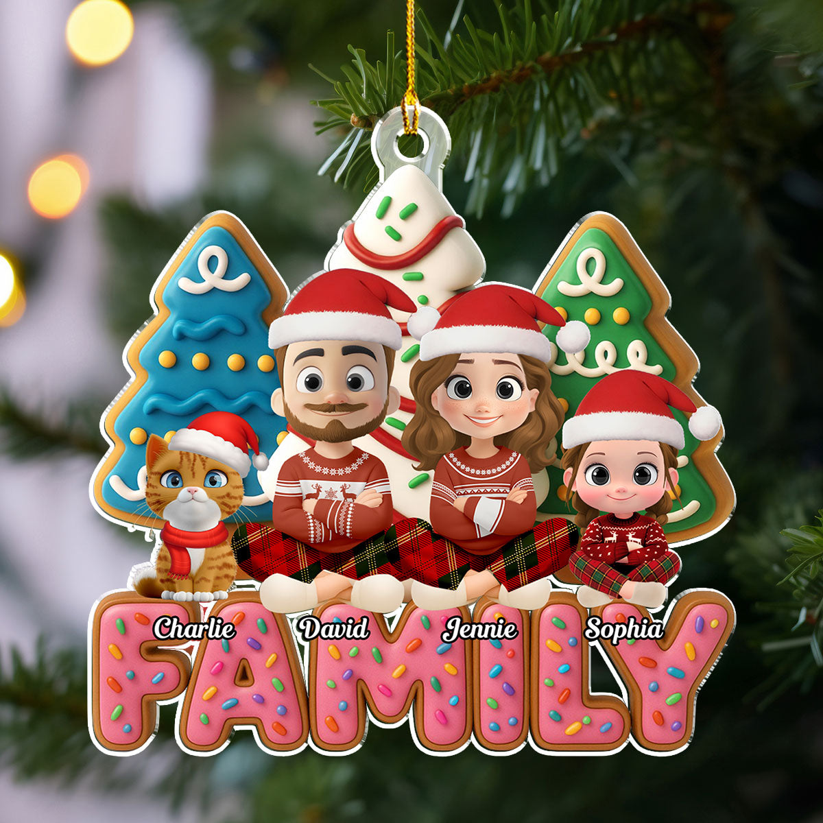 Custom Christmas Decor Home Birthday Gifts For Pet Lovers • Sweet Family With Cat - Personalized Acrylic Ornament