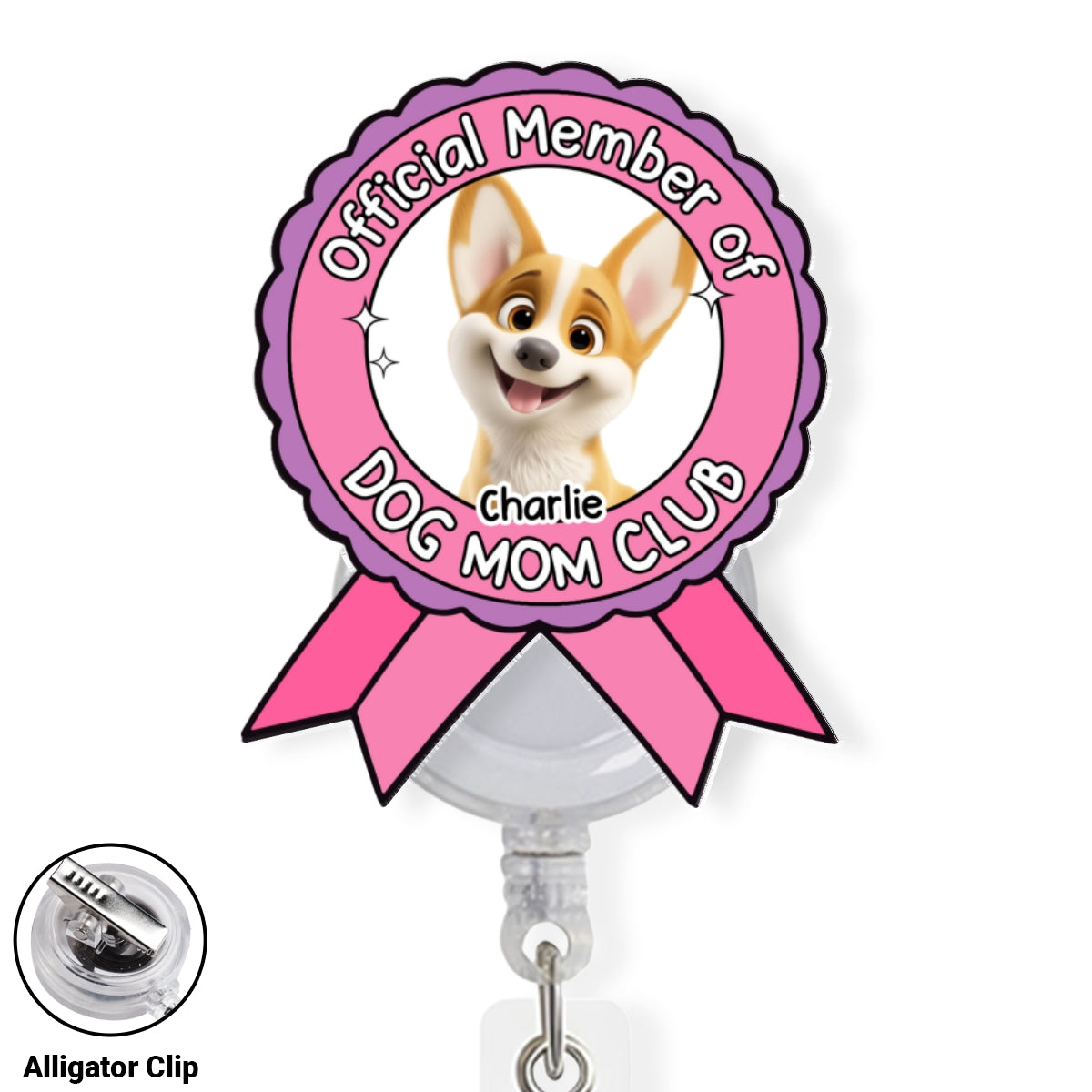 Custom Photo Funny Dog Mom Portrait ID Holder, For Graduation, Birthday • Official Member - Personalized Acrylic Badge Reel