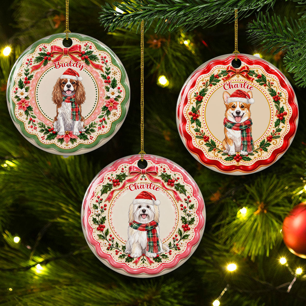 Custom Christmas Decor Home Birthday Gifts For Dog Mom, Dog Lovers • Merry Bright And Furry - Personalized 3D Effect Ceramic Ornament