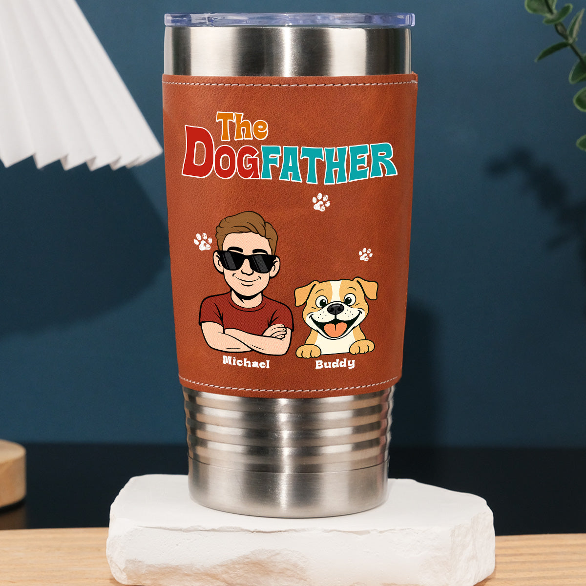 Custom Christmas Birthday Gifts For Dog Dad, Dog Lovers • Retro Dog Father - Personalized Leather Tumbler