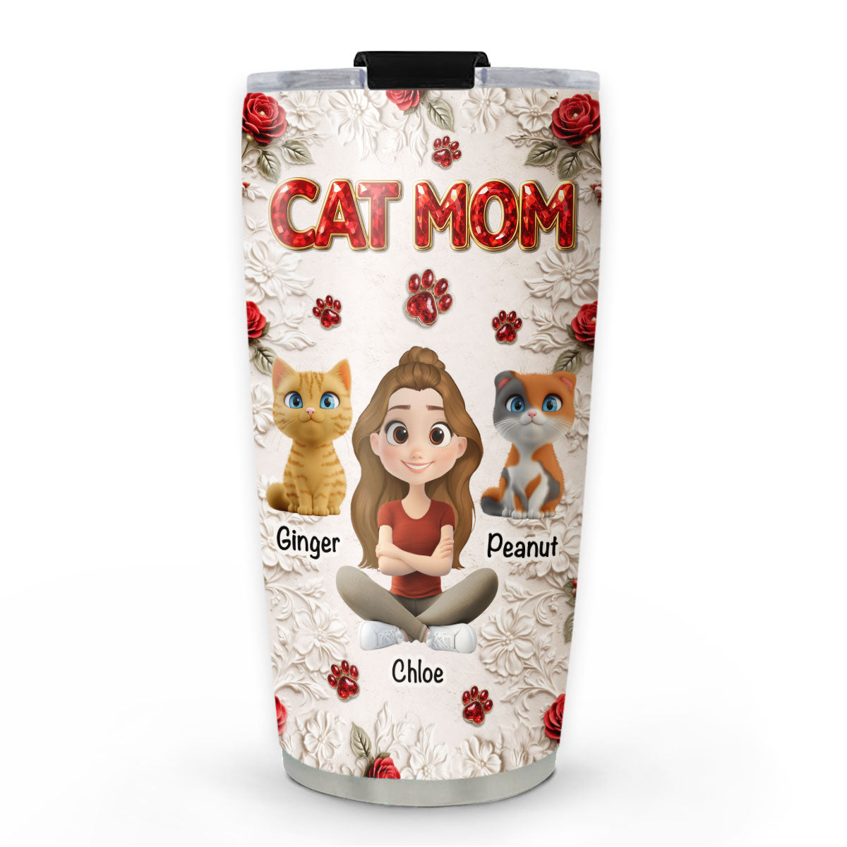 Custom Christmas Birthday Gifts For Cat Mom, Cat Lovers • Floral Cat Mom - Personalized 3D Effect Tumbler