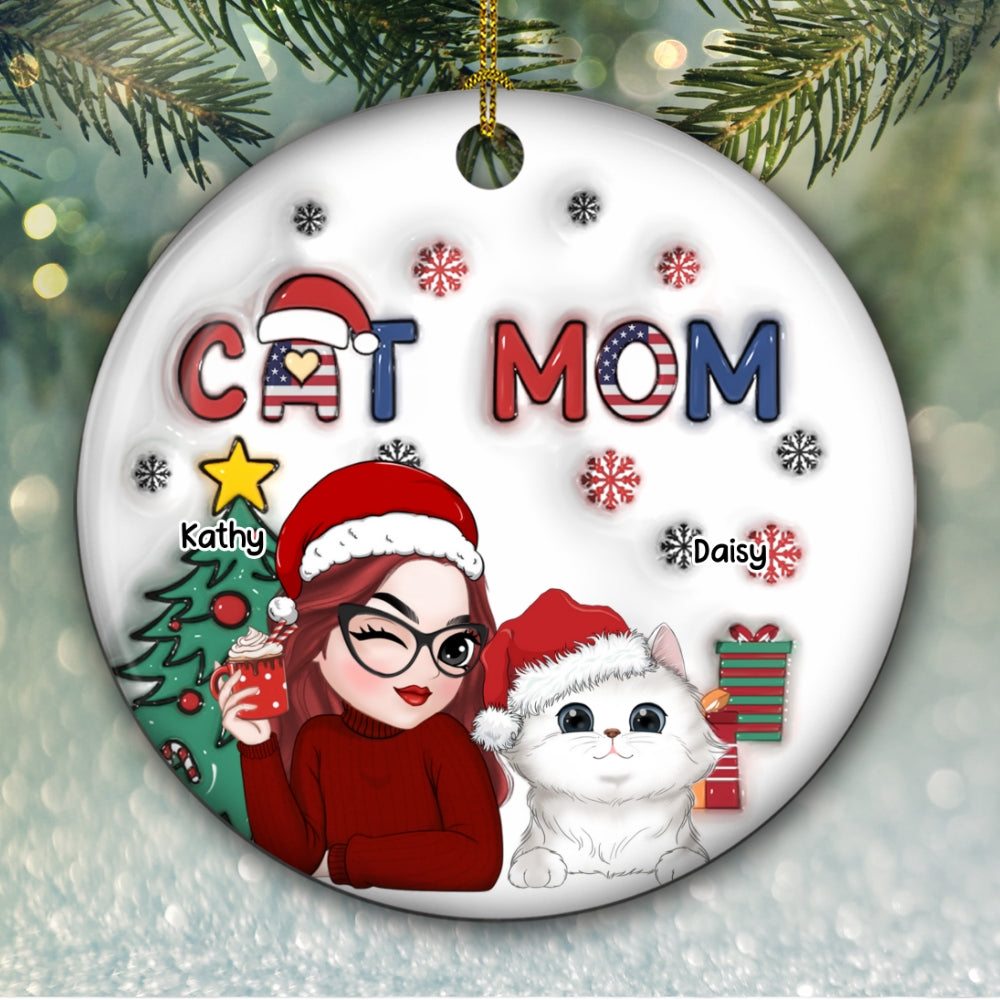 American Cat Mom Christmas - Personalized 3D Inflated Effect Ceramic Ornament