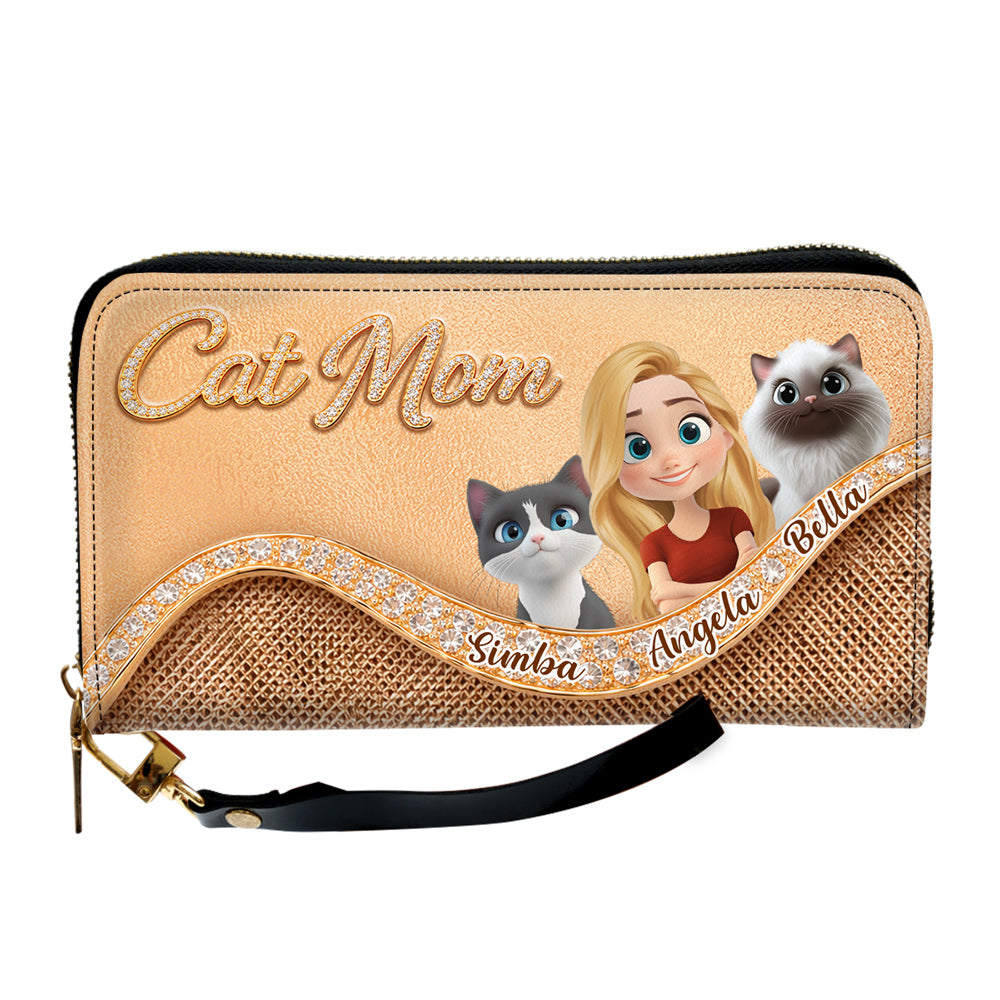 Gold Chibi Cat Mom - Personalized Leather Wallet