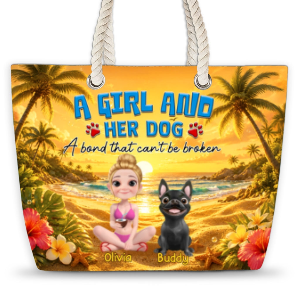 Girl And Dog On Beach - Personalized Beach Bag