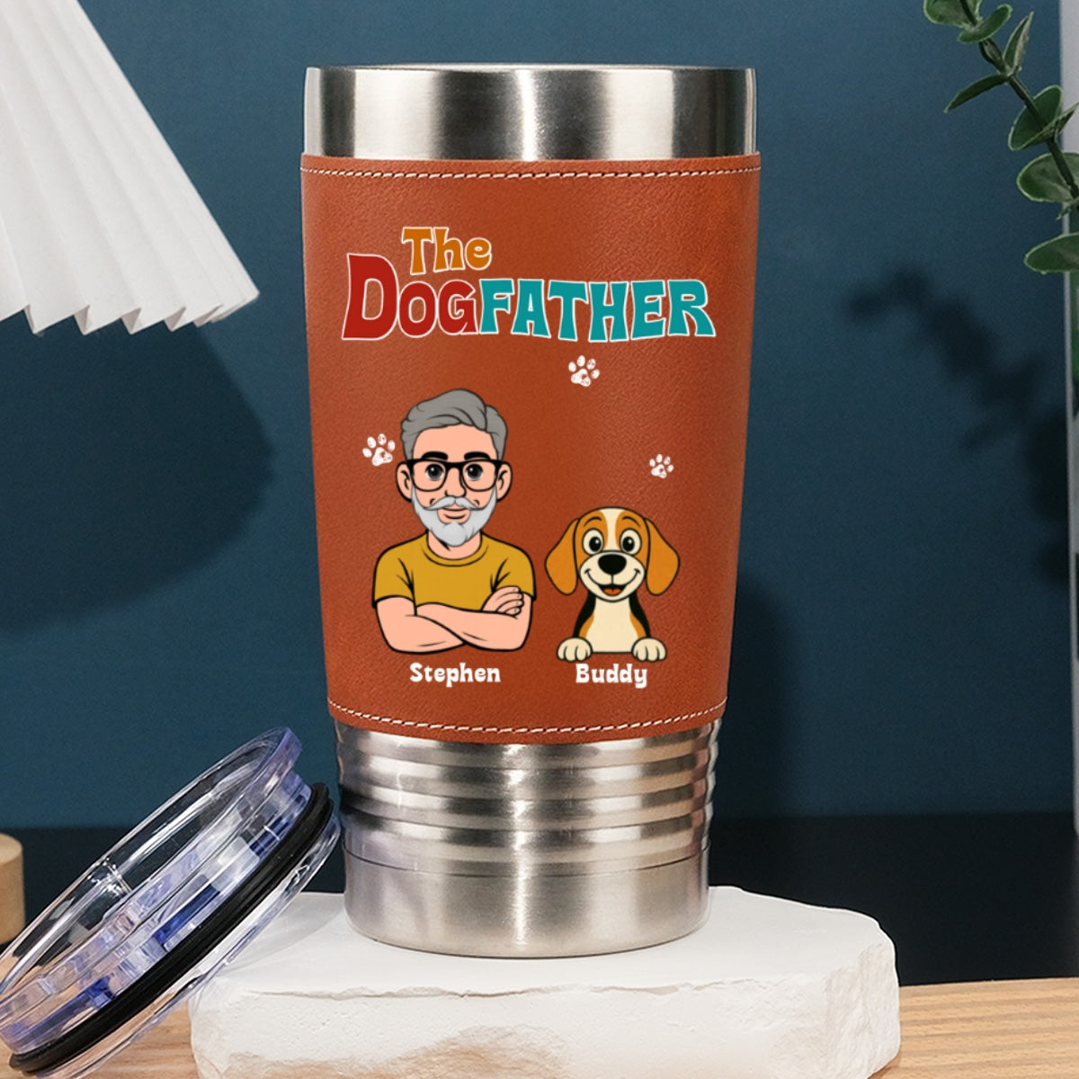 Custom Christmas Birthday Gifts For Dog Dad, Dog Lovers • Retro Dog Father - Personalized Leather Tumbler