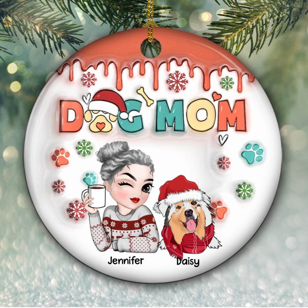 Custom Christmas Decor Home Birthday Gifts For Dog Mom, Dog Lovers • Dog Mom Christmas Paw - Personalized 3D Inflated Effect Ceramic Ornament