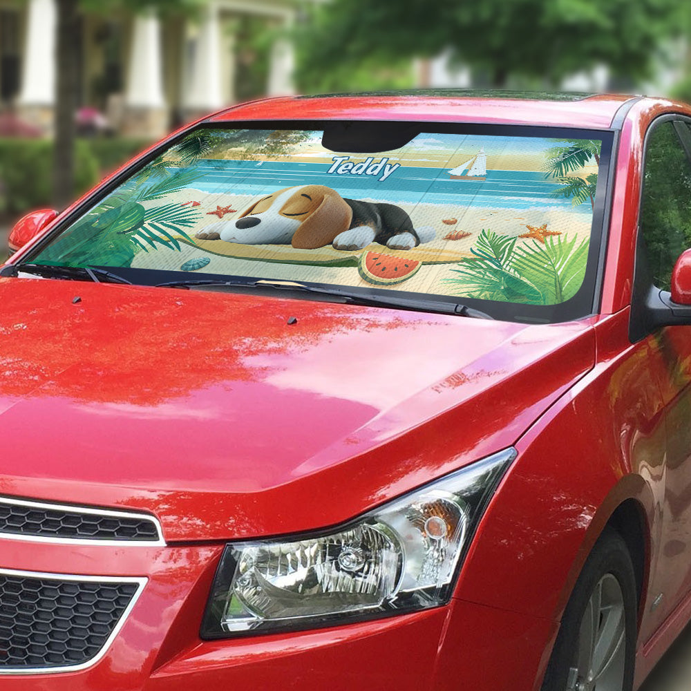 Custom Christmas Birthday Gifts Car Accessories for Dog Parents • Dog Relax On Beach - Personalized Car Sunshade