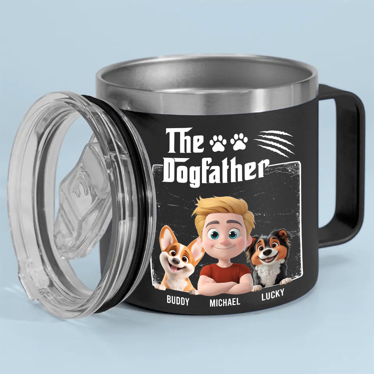 Custom Christmas Birthday Gifts For Dog Dad, Dog Lovers • The Father Of Dog - Personalized 14oz Stainless Steel Tumbler With Handle