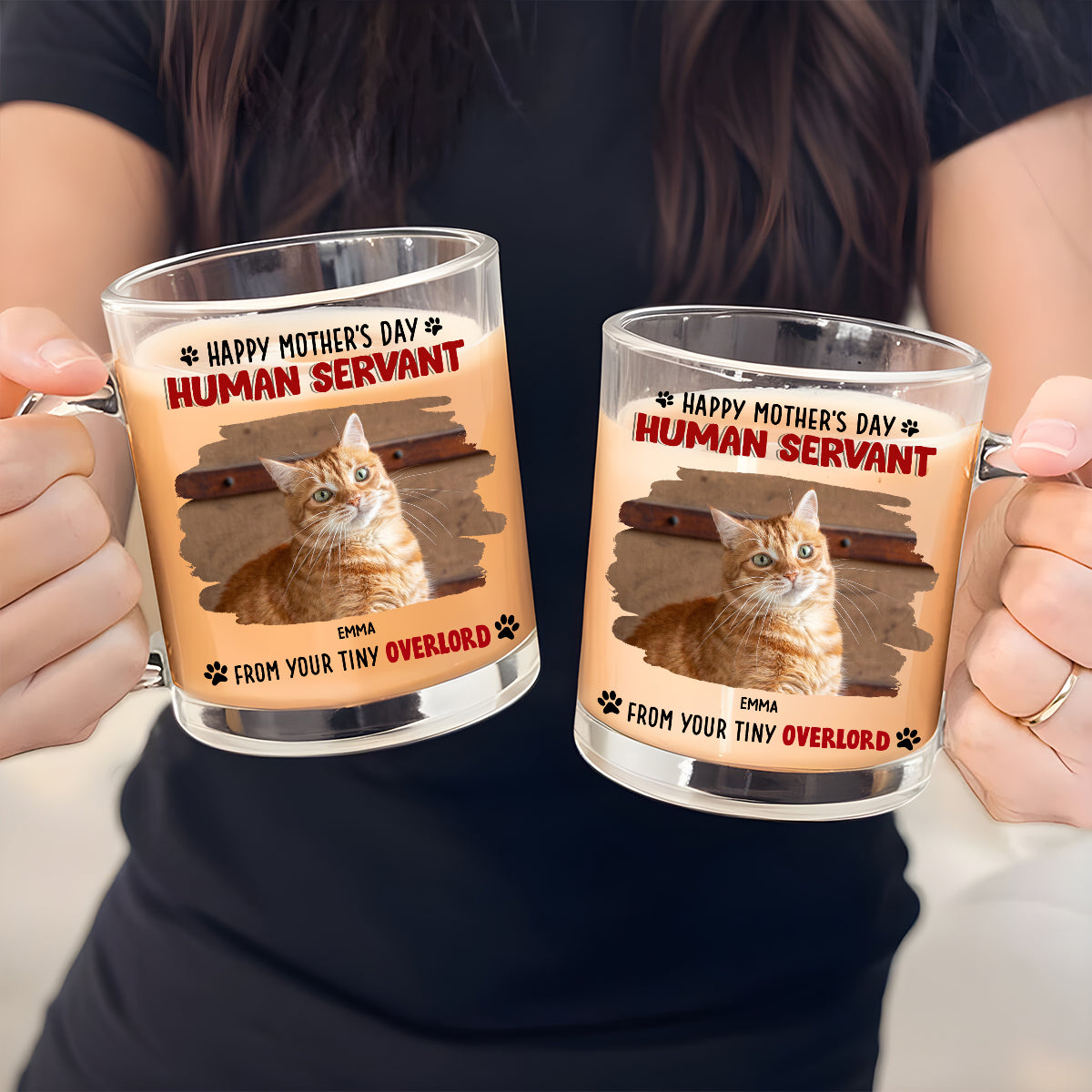 Custom Photo Mother's day Birthday Gifts For Cat Mom, Cat Lovers • Happy Human Servant Ver Cat Photo - Personalized Glass Mug