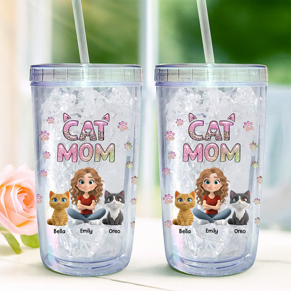 Custom Christmas Birthday Gifts For Cat Mom, Cat Lovers • Cat Mom Lovely Chibi - Personalized 14oz Plastic Tumbler