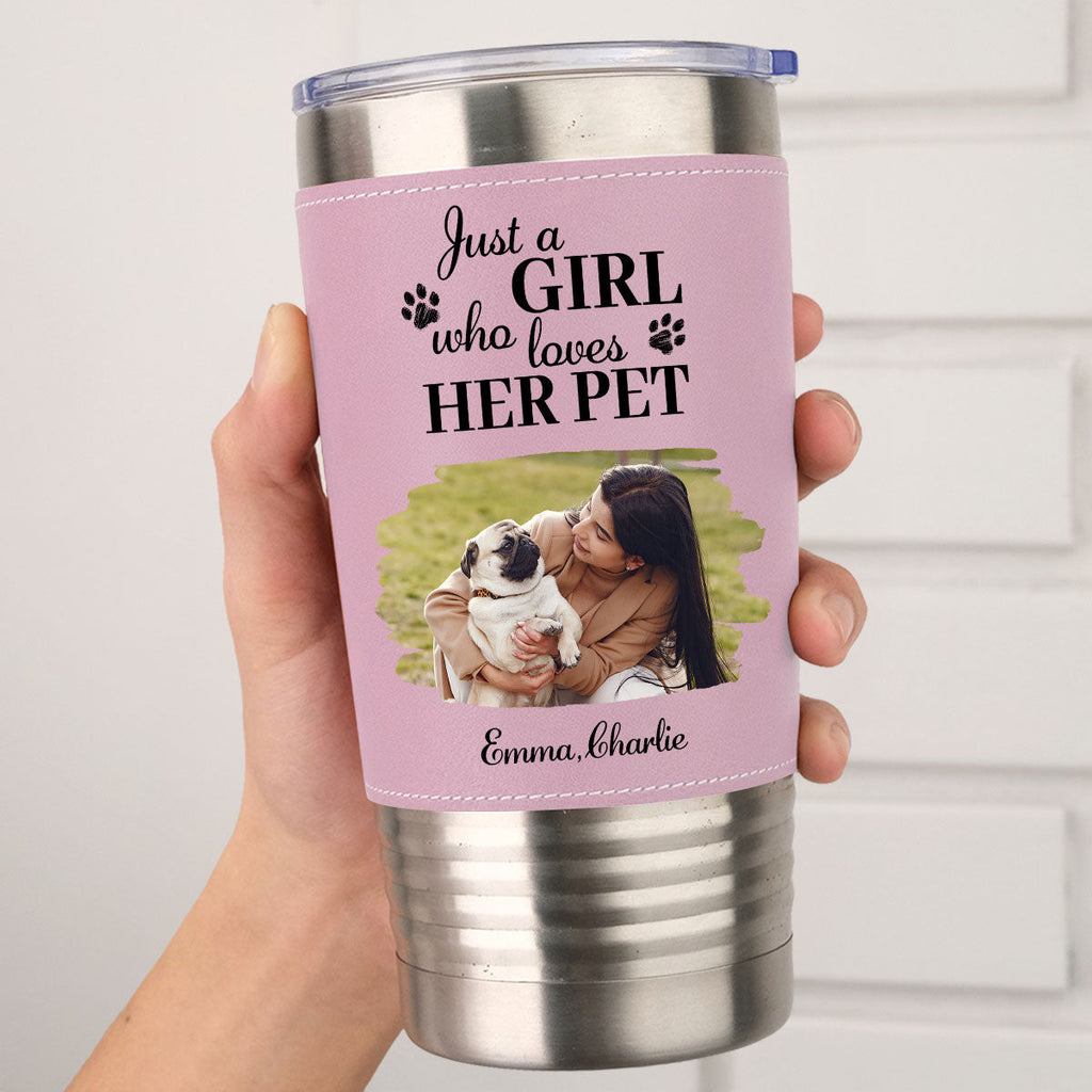 Custom Photo Christmas Birthday Gifts For Pet Mom, Pet Lovers • Pumskin Pet Autumn Photo - Personalized Pink Leather Tumbler