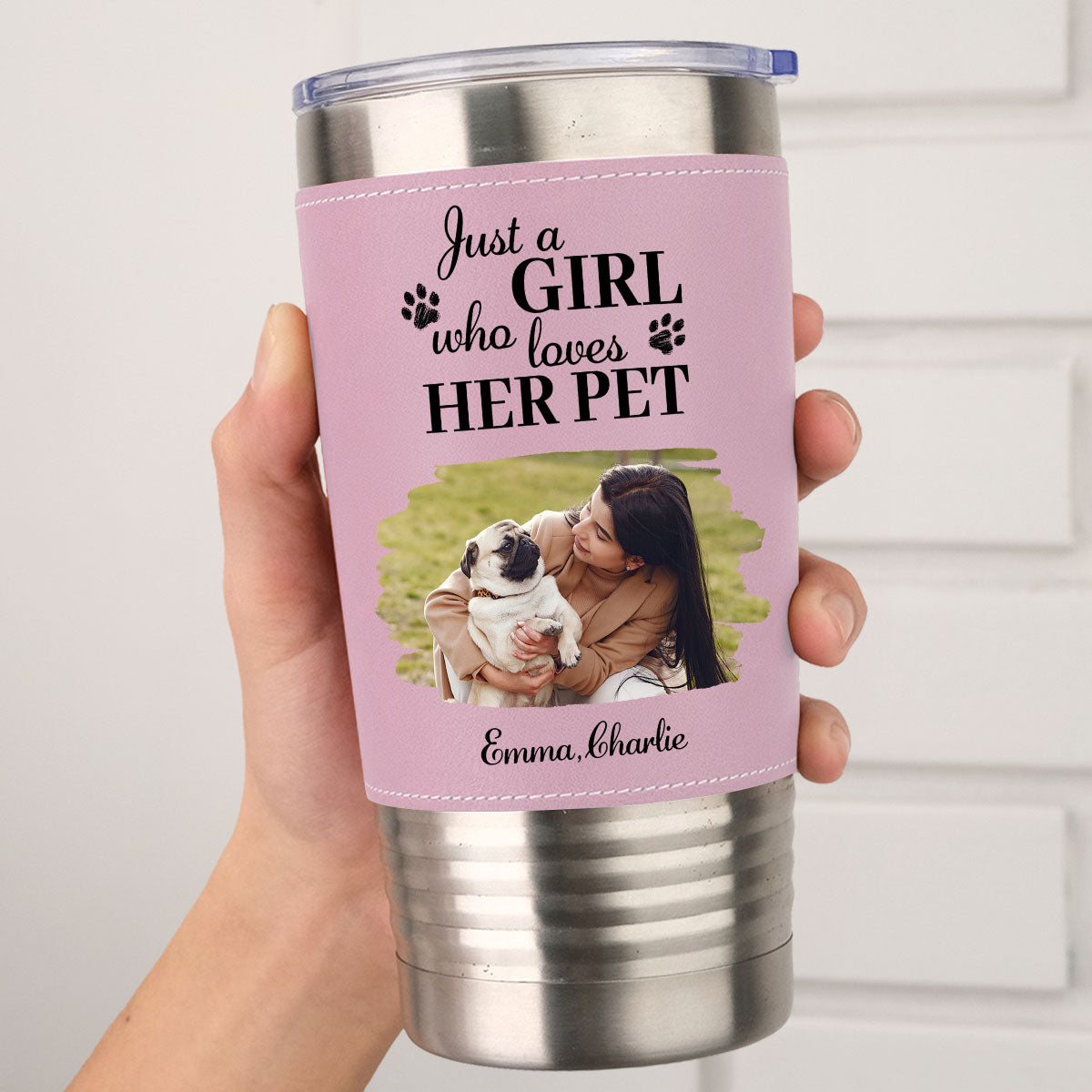Custom Photo Christmas Birthday Gifts For Pet Mom, Pet Lovers • Pumskin Pet Autumn Photo - Personalized Pink Leather Tumbler