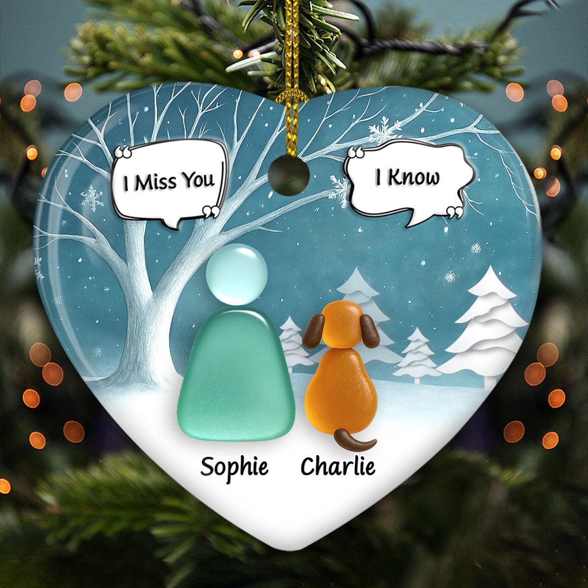 Custom Christmas Memorial Sympathy Gifts For Dogs, Cats • Silent Snow - Personalized 3D Effect Heart Ceramic Ornament