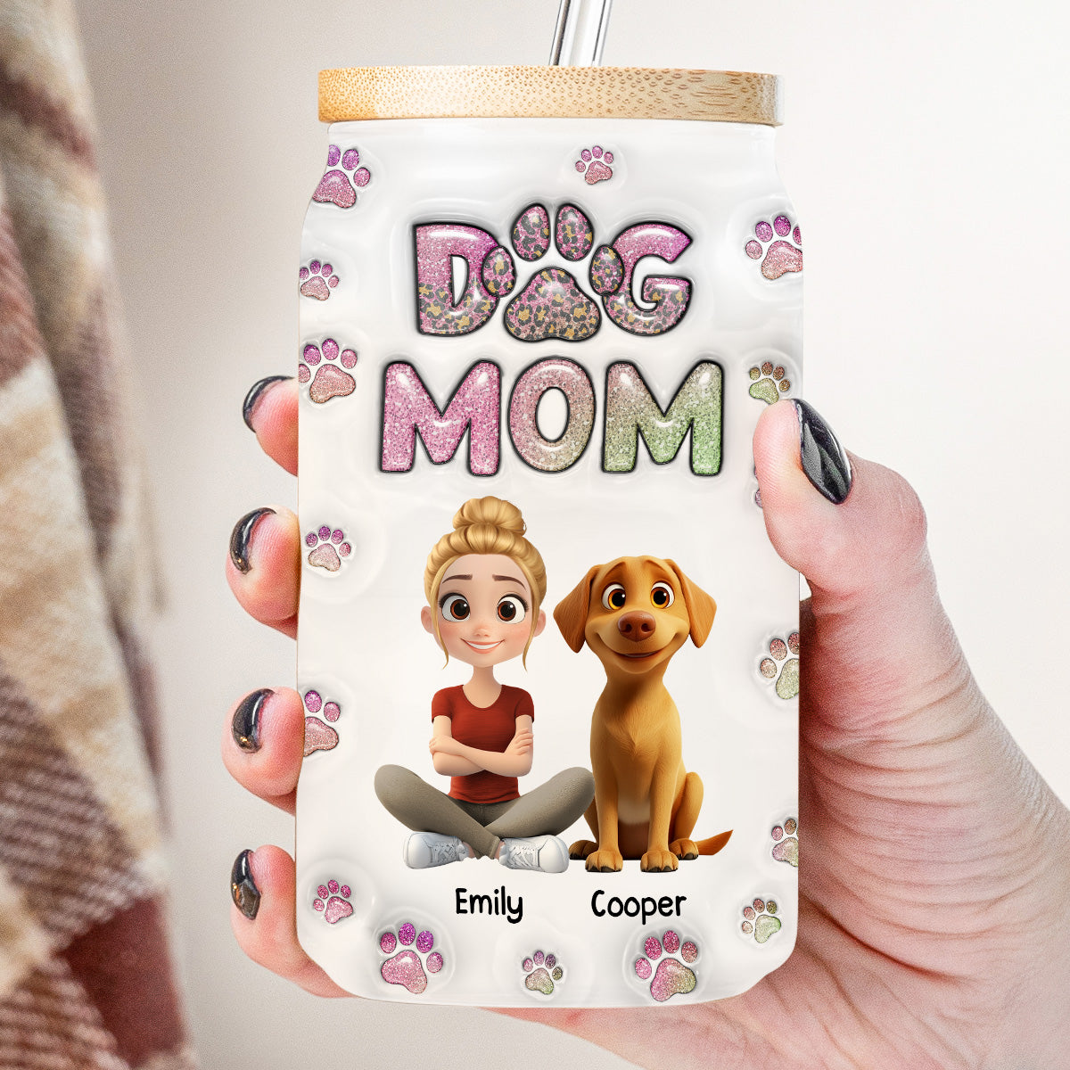 Dog Mom Lovely Chibi - Personalized 3D Inflated Effect Glass Can