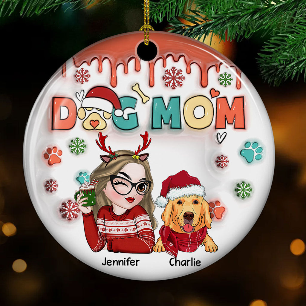 Custom Christmas Decor Home Birthday Gifts For Dog Mom, Dog Lovers • Dog Mom Christmas Paw - Personalized 3D Inflated Effect Ceramic Ornament