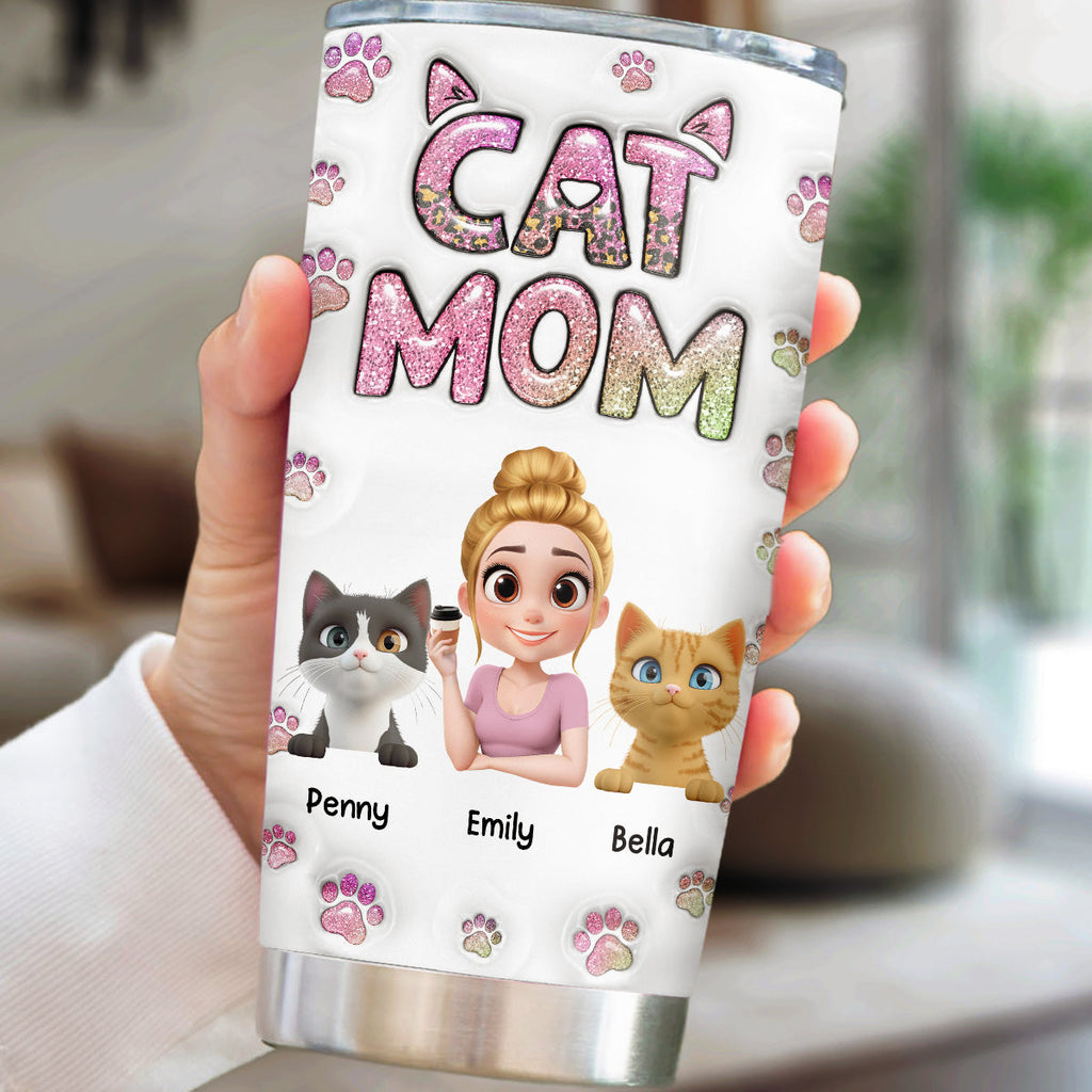 Custom Christmas Birthday Gifts For Cat Mom, Cat Lovers • Cat Mom Lovely Chibi Version 2 - Personalized 3D Inflated Effect Tumbler