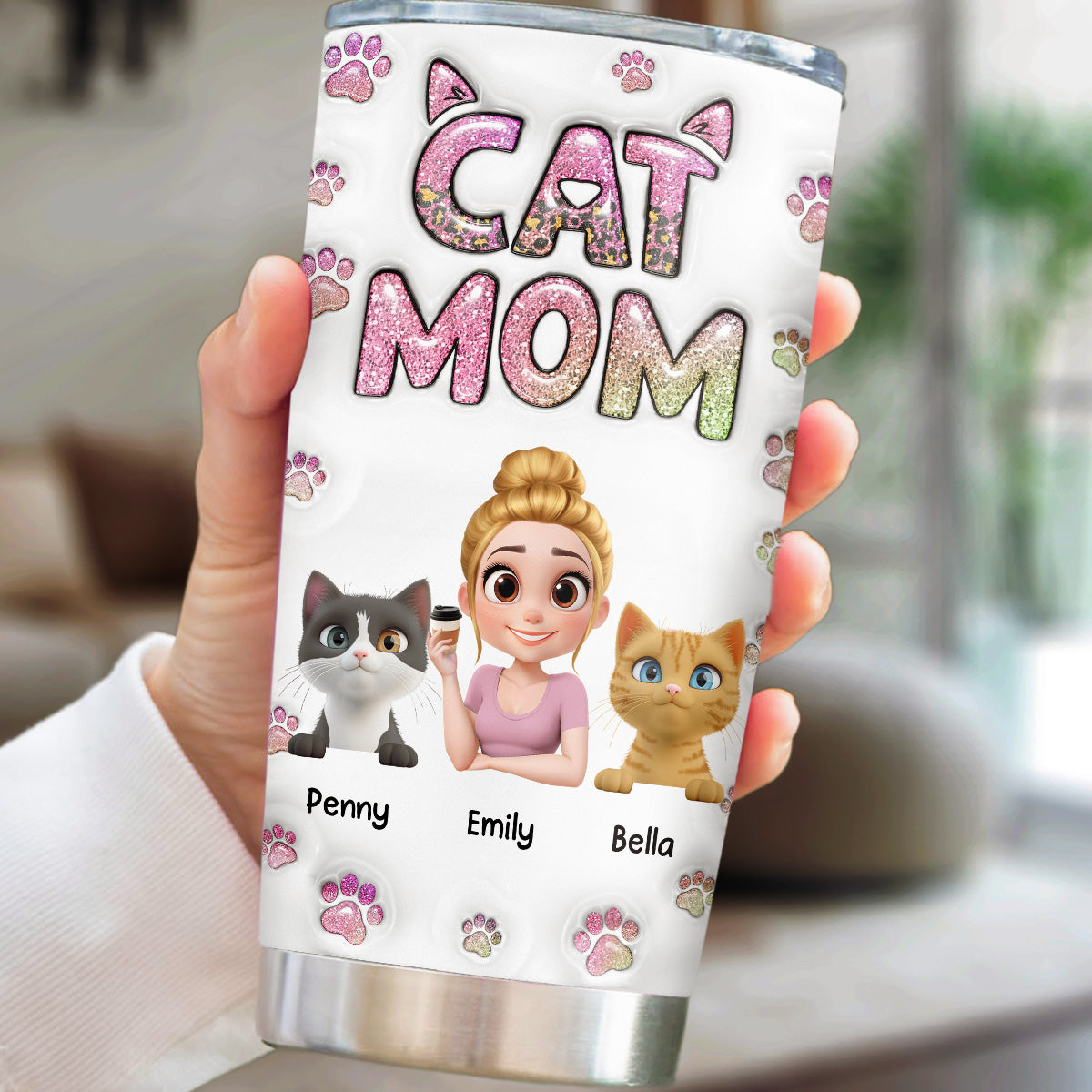Custom Christmas Birthday Gifts For Cat Mom, Cat Lovers • Cat Mom Lovely Chibi Version 2 - Personalized 3D Inflated Effect Tumbler
