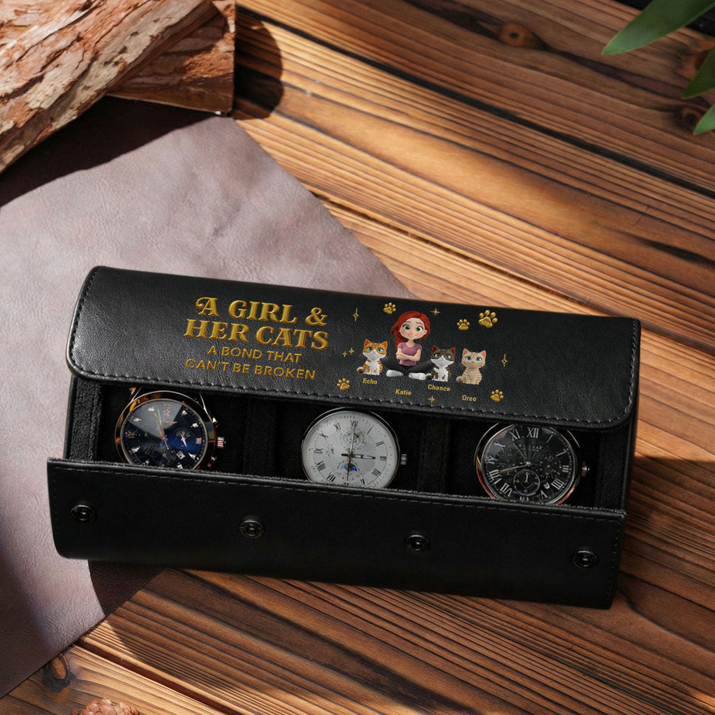 A Girl And Her Cat - Personalized Leather Watch Case