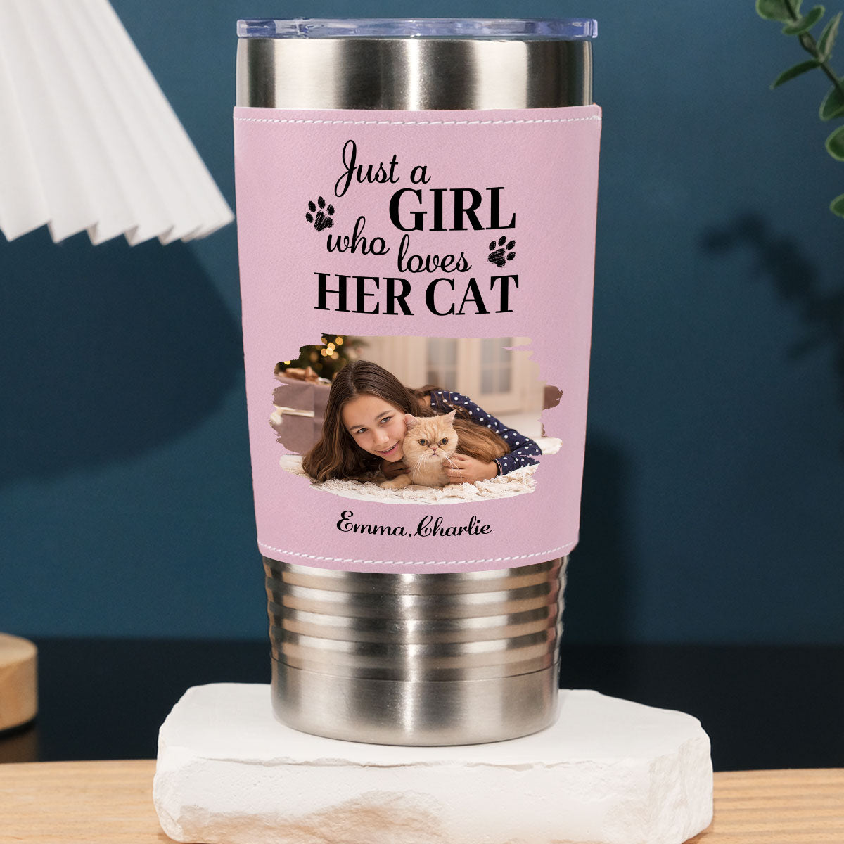 Custom Photo Christmas Birthday Gifts For Cat Mom, Cat Lovers • Pumskin Cat Autumn Photo - Personalized Pink Leather Tumbler