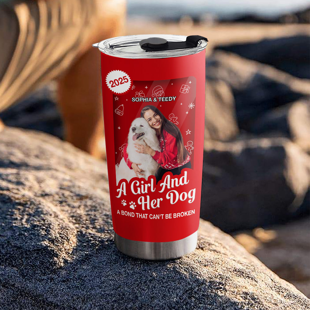 Custom Photo Christmas Birthday Gifts For Dog Mom, Dog Lovers • A Woman And Her Dog Cartoon Christmas Photo - Personalized Tumbler