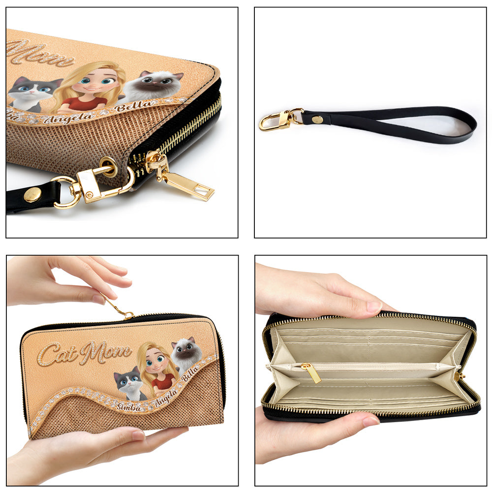 Gold Chibi Cat Mom - Personalized Leather Wallet
