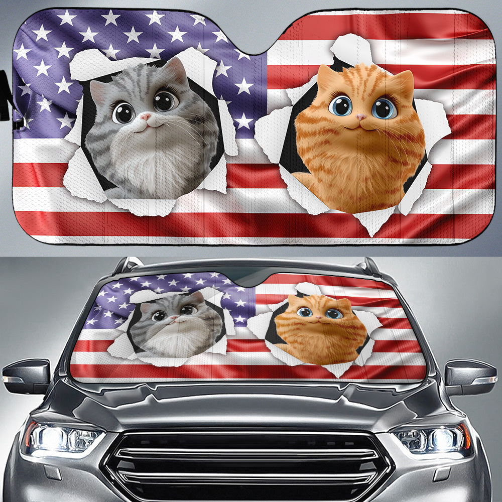 Custom Christmas Birthday Gifts Car Accessories for Cat Parents • God Bless My America - Personalized Car Sunshade