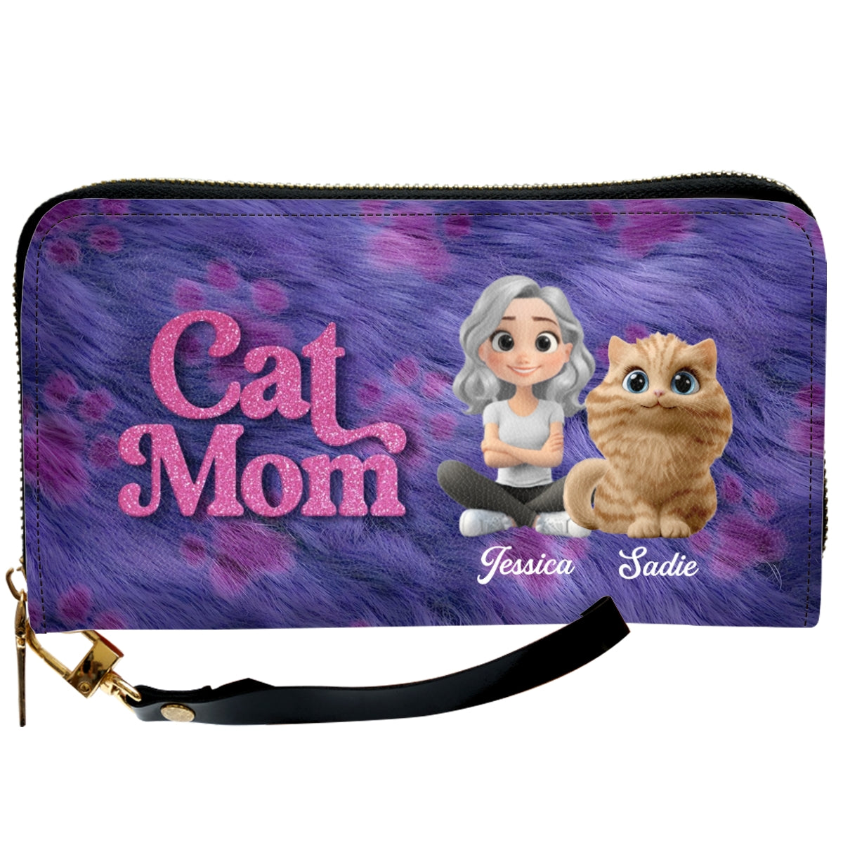 Bling Cat Mom Cartoon - Personalized Leather Wallet