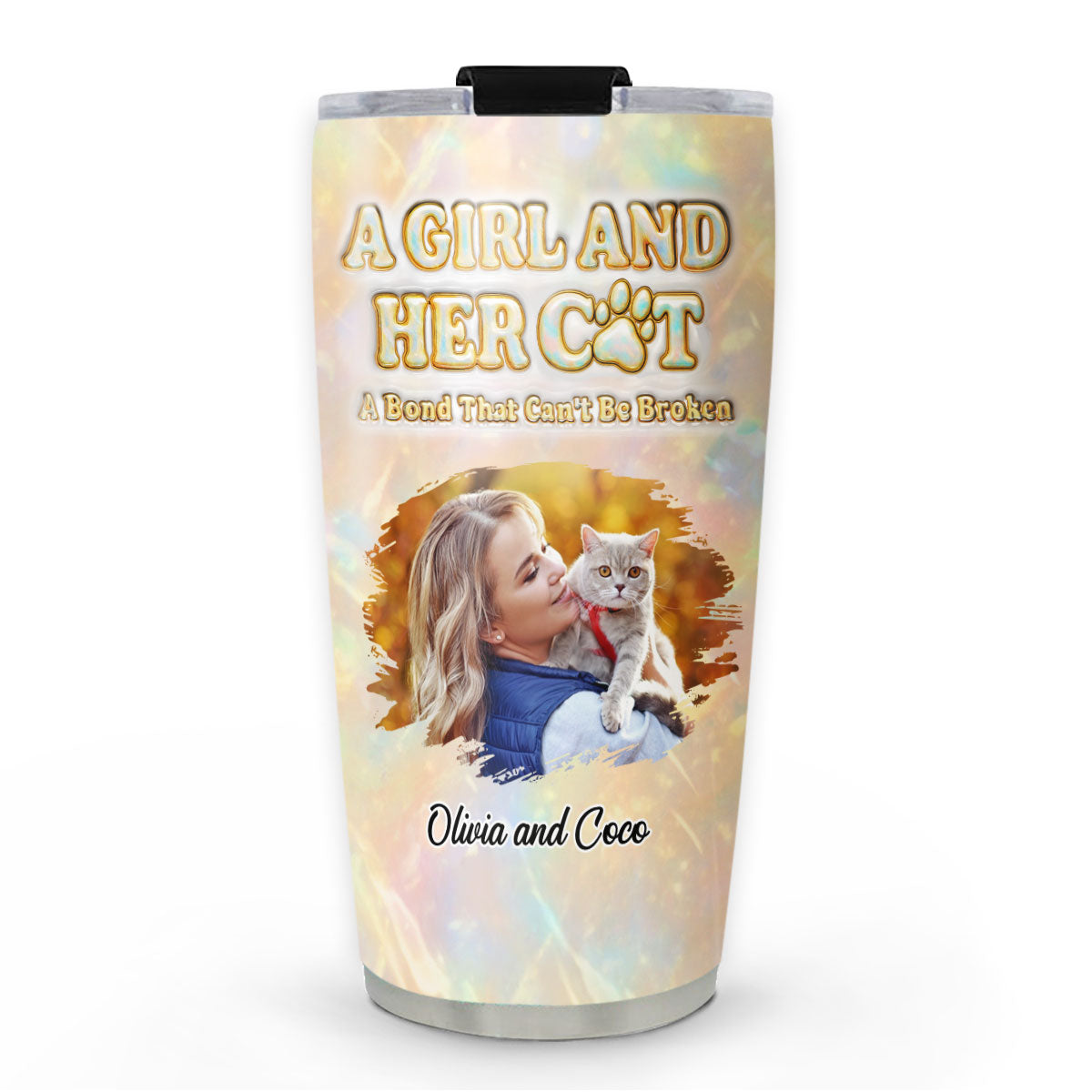Custom Photo Christmas Birthday Gifts For Cat Mom, Cat Lovers • A Girl And Her Cat Pearl Photo - Personalized 3D Inflated Effect Tumbler