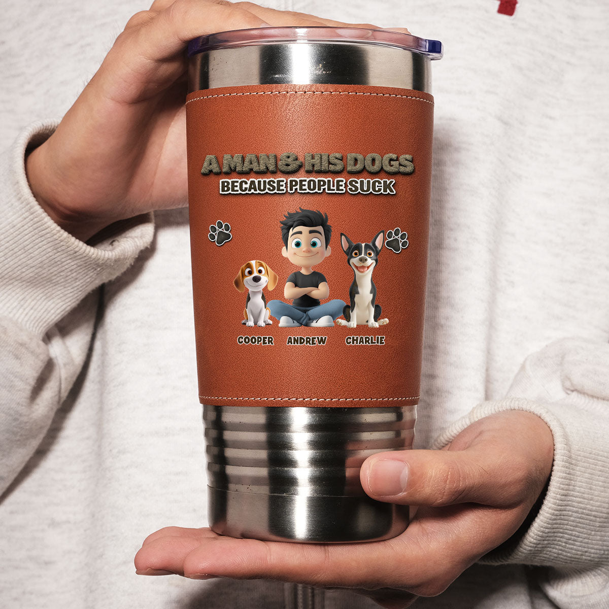 Custom Christmas Birthday Gifts For Dog Dad, Dog Lovers • Silence Dog Time - Personalized Leather Tumbler