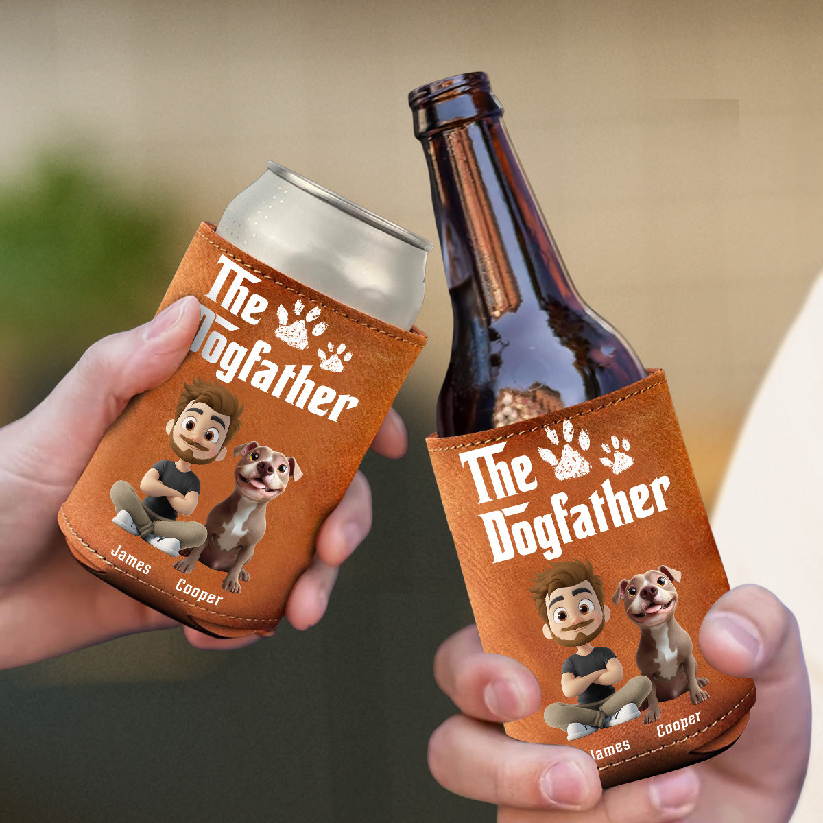Cool Dog Father - Personalized Leather Can Cooler Holder