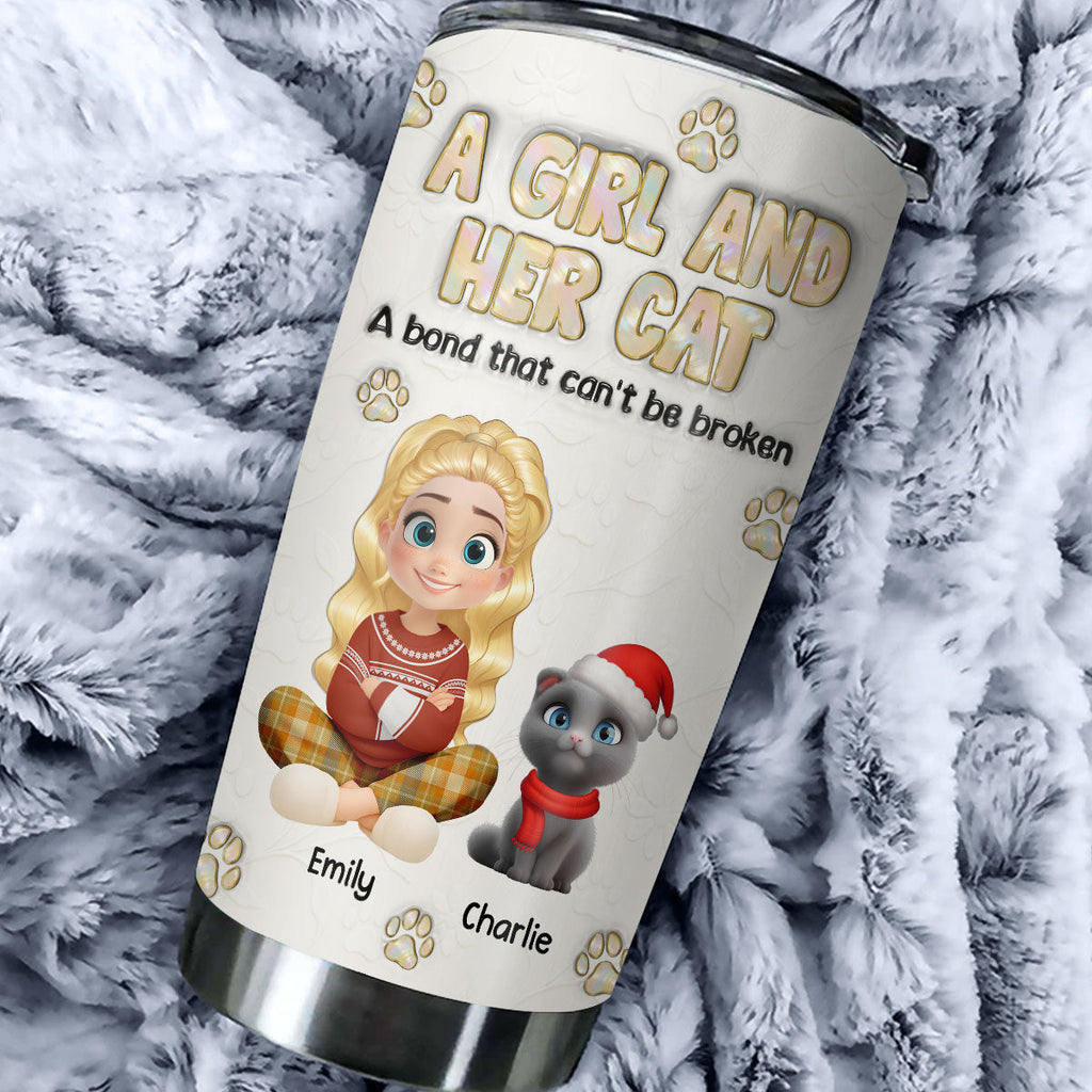 Custom Christmas Birthday Gifts For Pet Mom, Pet Lovers • A Girl And Her Cat Ver Pearl - Personalized 3D Inflated Effect Tumbler