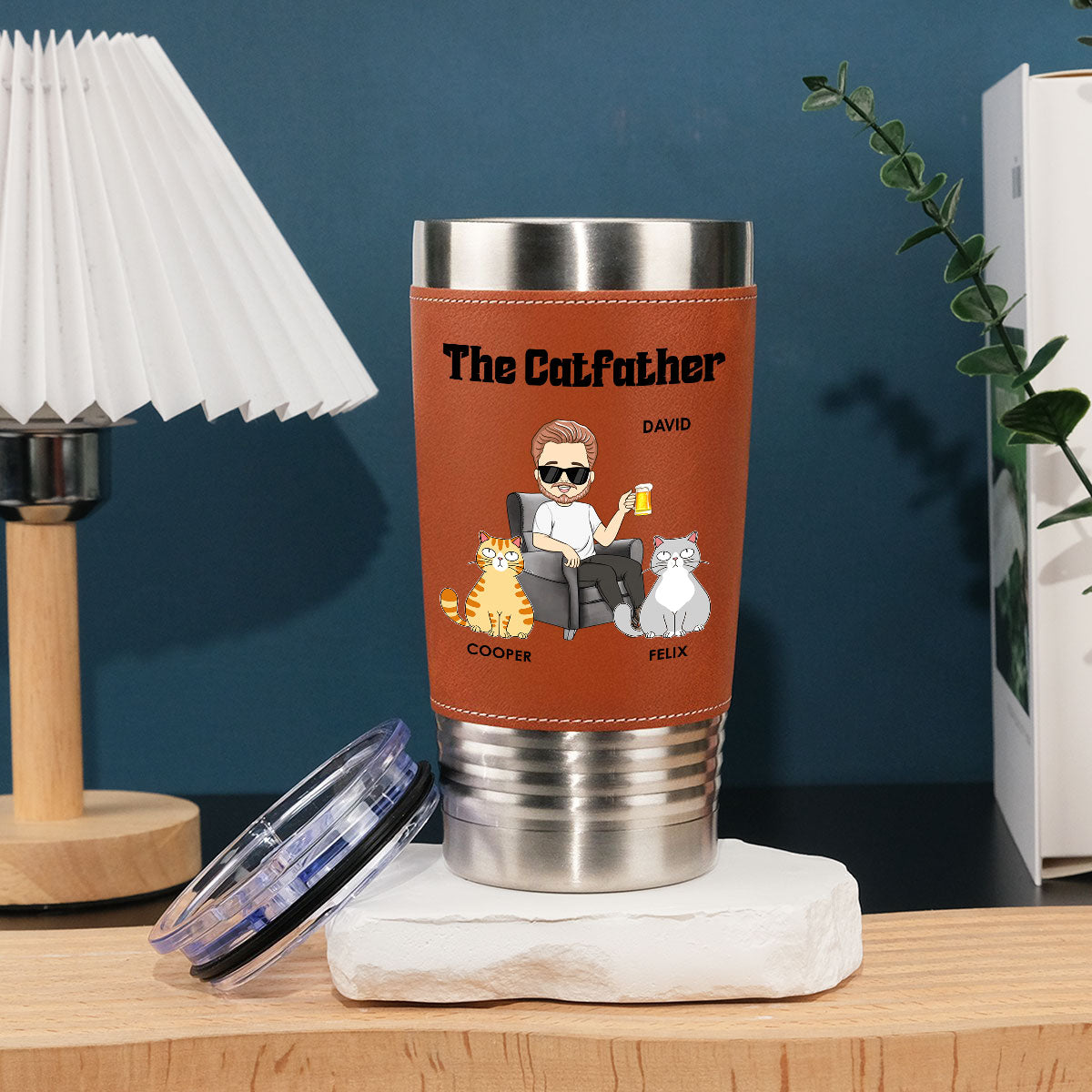 Custom Father's day Birthday Gifts For Dog Dad, Dog Lovers • The Catfather - Personalized Leather Tumbler
