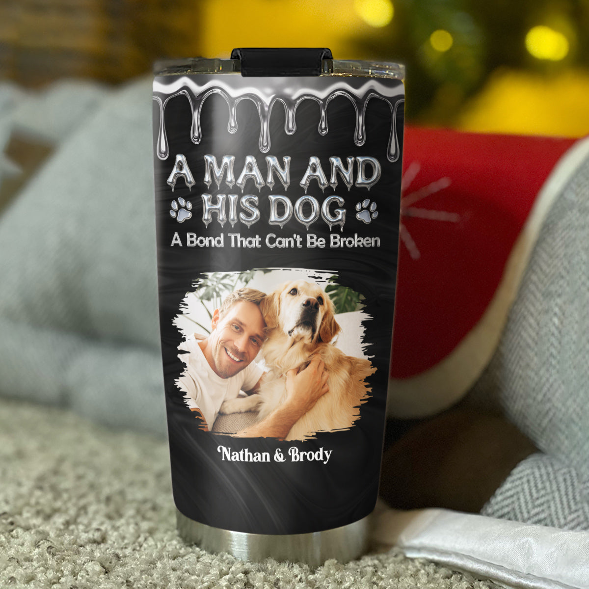 Custom Photo Christmas Birthday Gifts For Dog Dad, Dog Lovers • Man And Dog Together Forever Photo - Personalized Tumbler