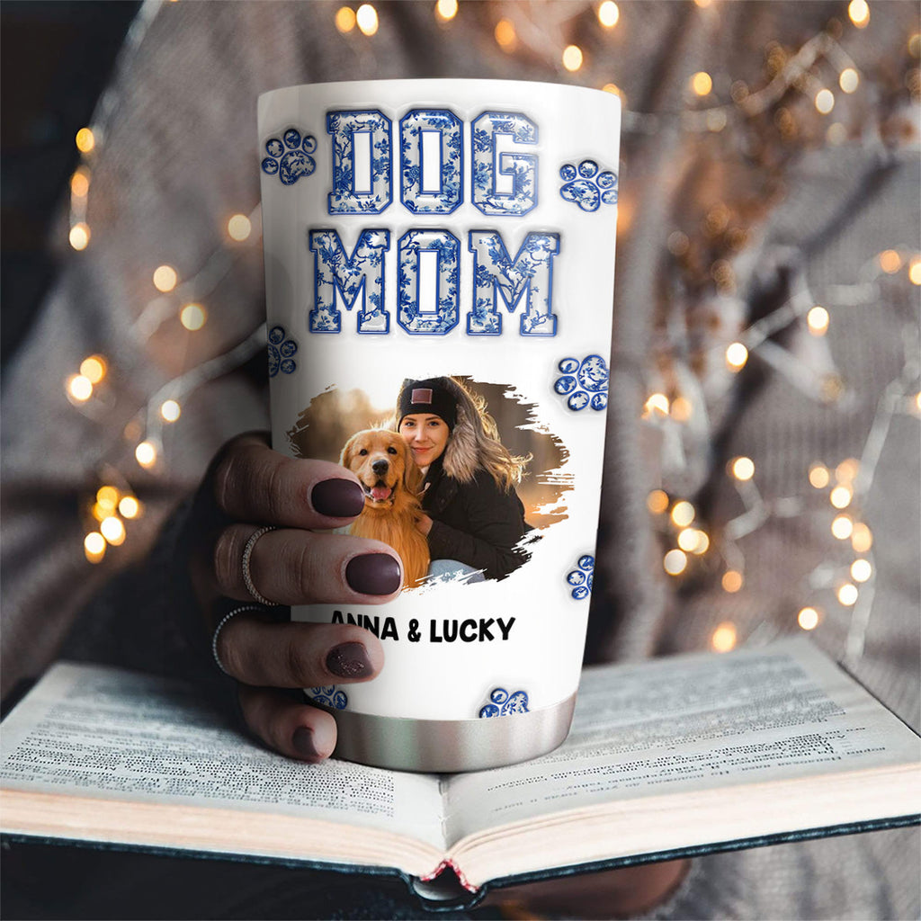 Custom Photo Christmas Birthday Gifts For Dog Mom, Dog Lovers • Dog Mom Mum Blue Photo - Personalized 3D Inflated Effect Tumbler