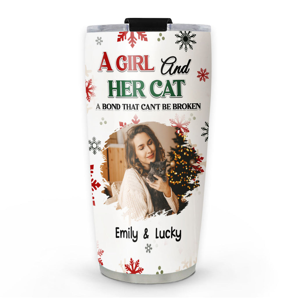 Custom Photo Christmas Birthday Gifts For Cat Mom, Cat Lovers • A Girl And Her Cat Love Christmas Photo - Personalized Tumbler
