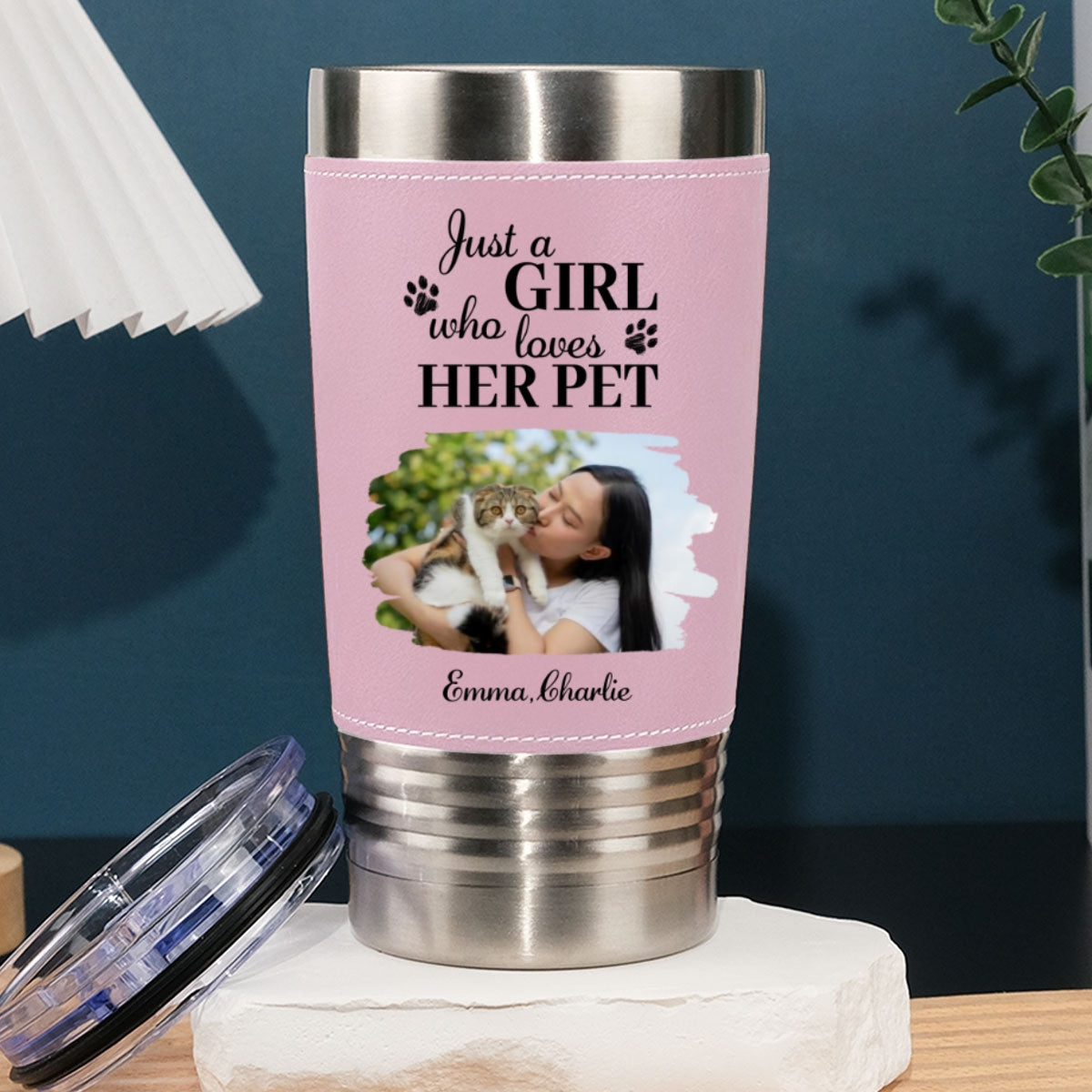 Custom Photo Christmas Birthday Gifts For Pet Mom, Pet Lovers • Pumskin Pet Autumn Photo - Personalized Pink Leather Tumbler