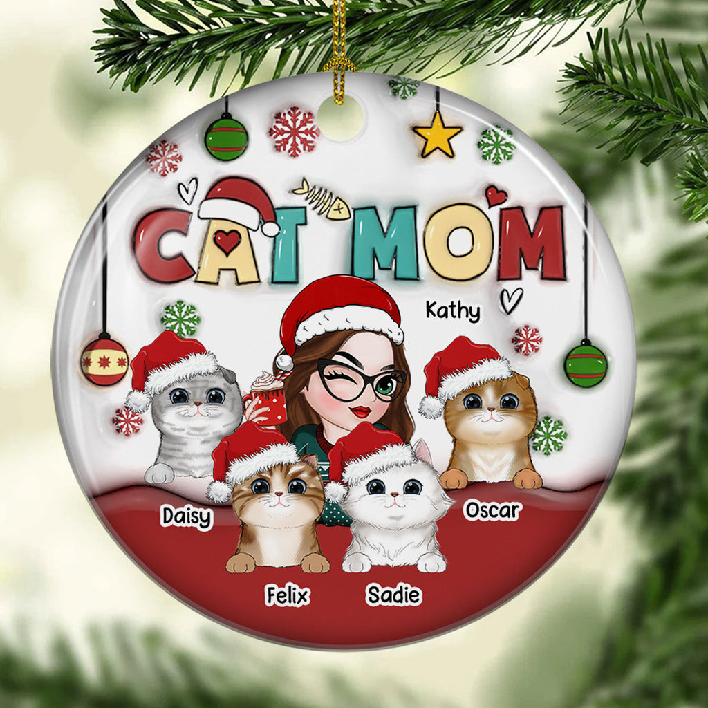 Custom Christmas Decor Home Birthday Gifts For Cat Mom, Cat Lovers • Mom Of Cats- Personalized 3D Inflated Effect Ceramic Ornament