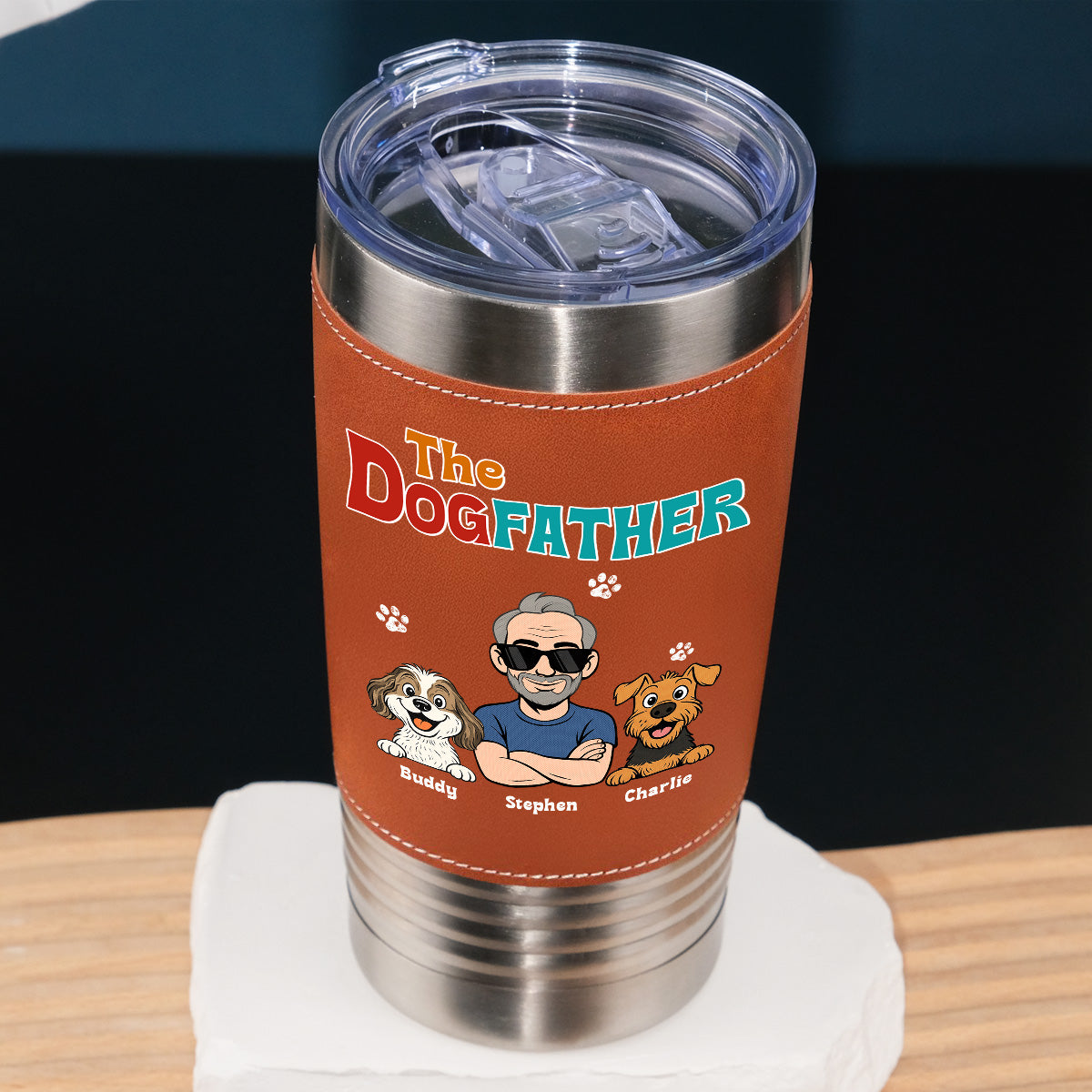 Custom Christmas Birthday Gifts For Dog Dad, Dog Lovers • Retro Dog Father - Personalized Leather Tumbler