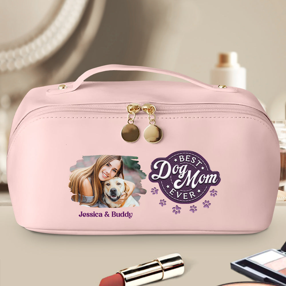 Best Dog Mom In The World Photo - Personalized Leather Makeup Bag