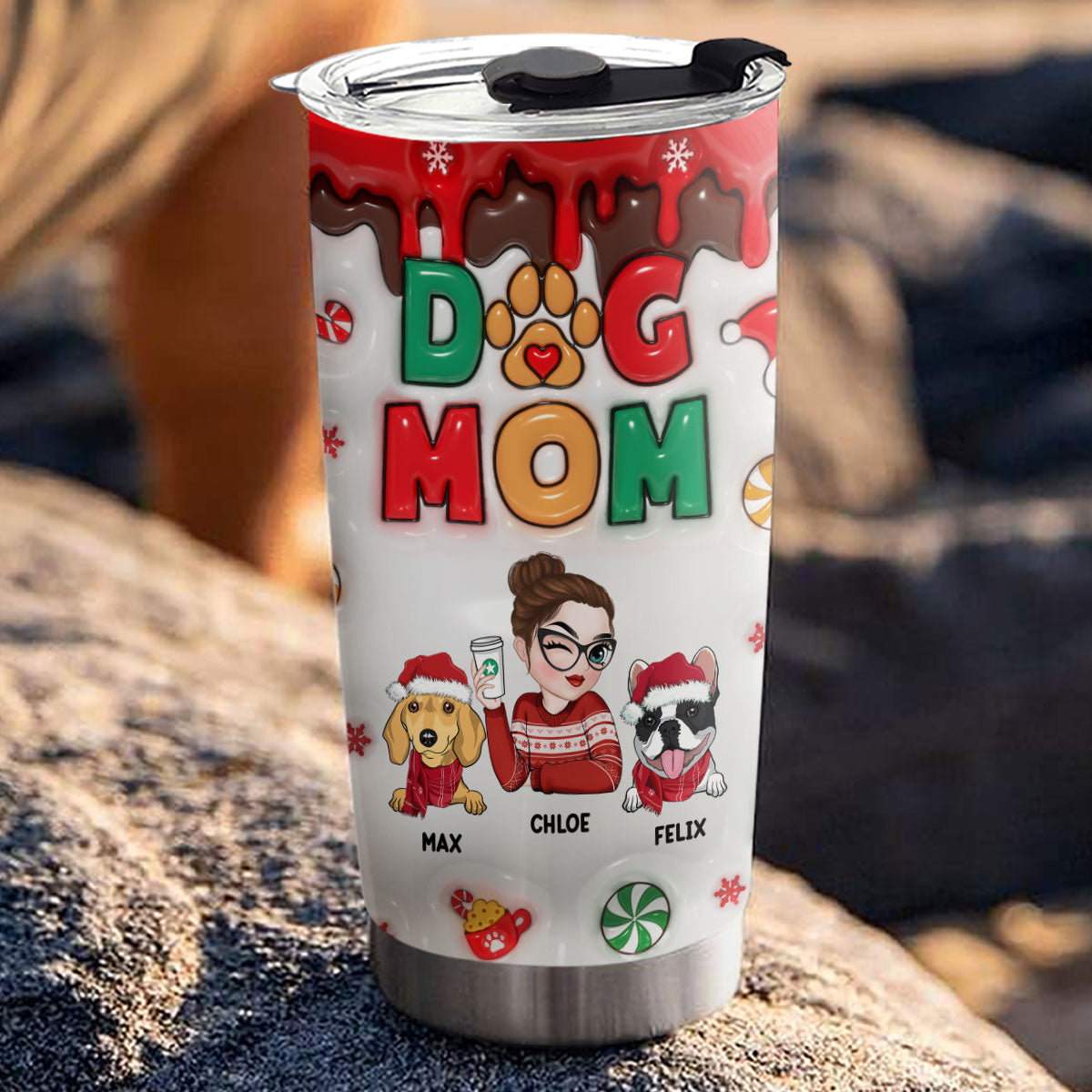 Custom Mother's day Birthday Gifts For Pet Mom, Pet Lovers • Happy Dog Mom Christmas - Personalized 3D Inflated Effect Tumbler