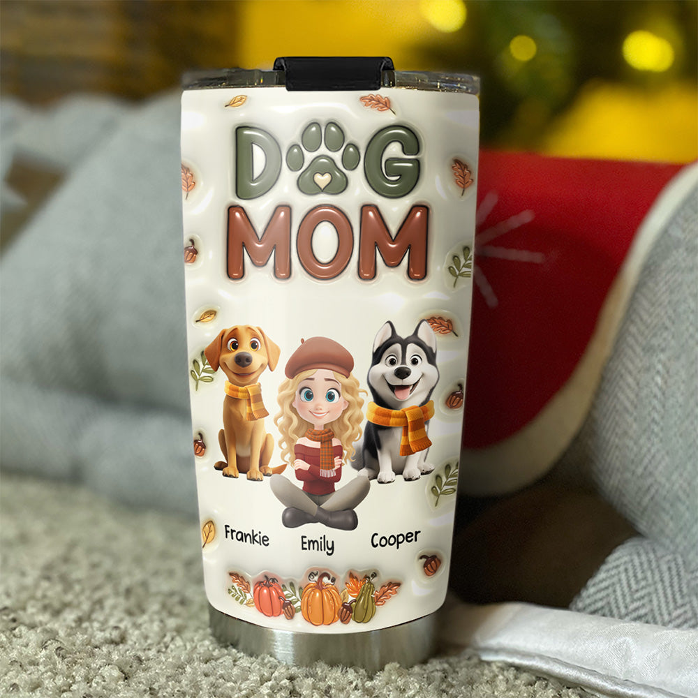 Custom Christmas Birthday Gifts For Dog Lovers • Dog Mom Cartoon Autumn Version - Personalized 3D Inflated Effect Tumbler