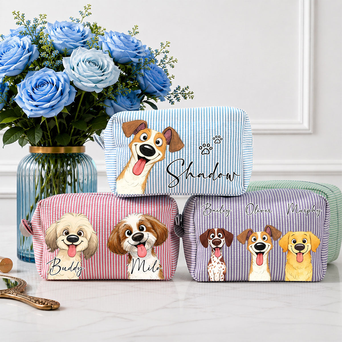Dogs Make Life Better - Personalized Seersucker Print Makeup Bag