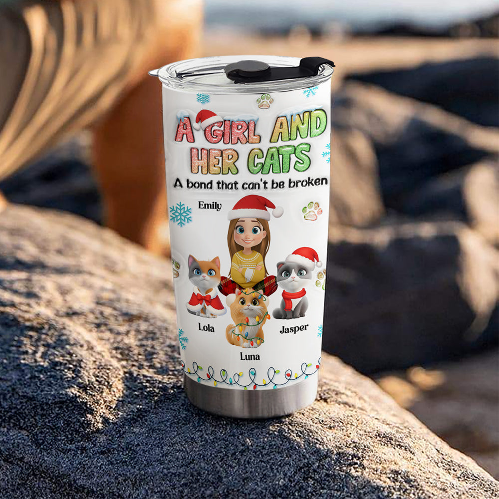 Custom Christmas Birthday Gifts For Cat Mom, Cat Lovers • A Girl And Her Lovely Cat Christmas - Personalized 3D Inflated Effect Tumbler
