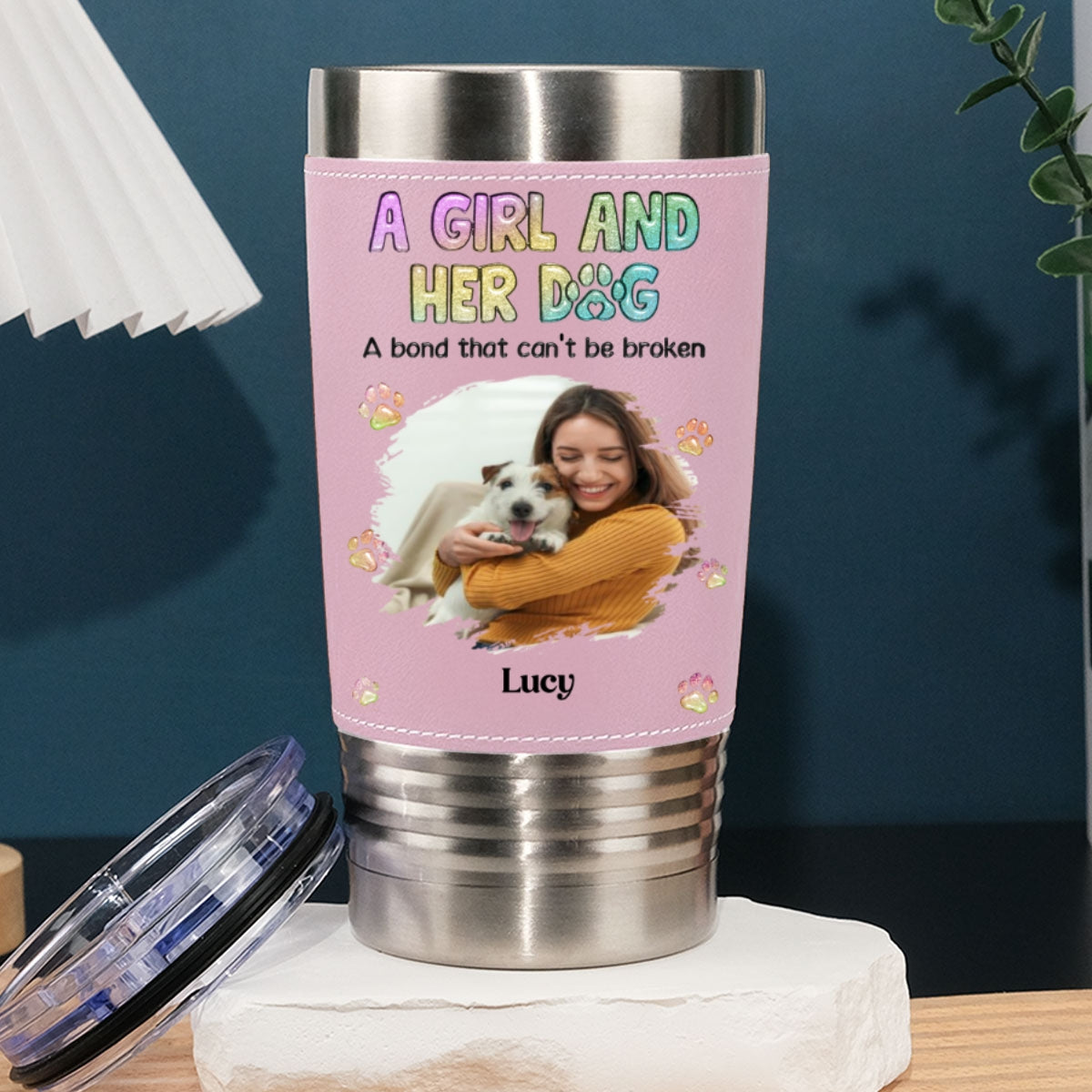 A Girl And Her Lovely Dog Photo - Personalized Pink Leather Tumbler