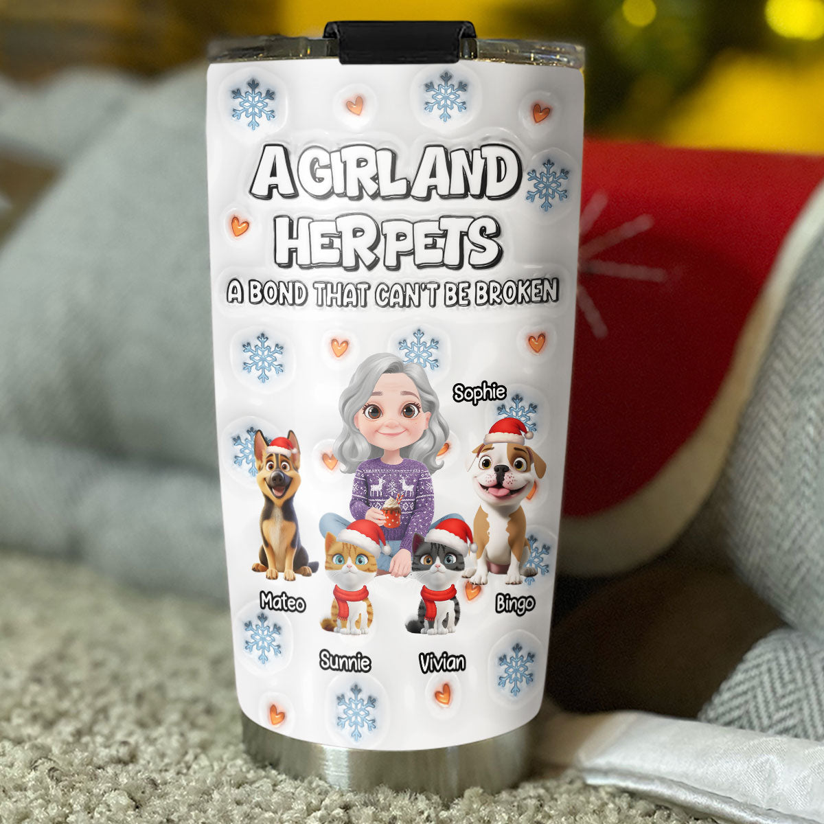 Custom Christmas Birthday Gifts For Pet Mom, Pet Lovers • Christmas Day With Fur Mom Ver 2 - Personalized 3D Inflated Effect Tumbler