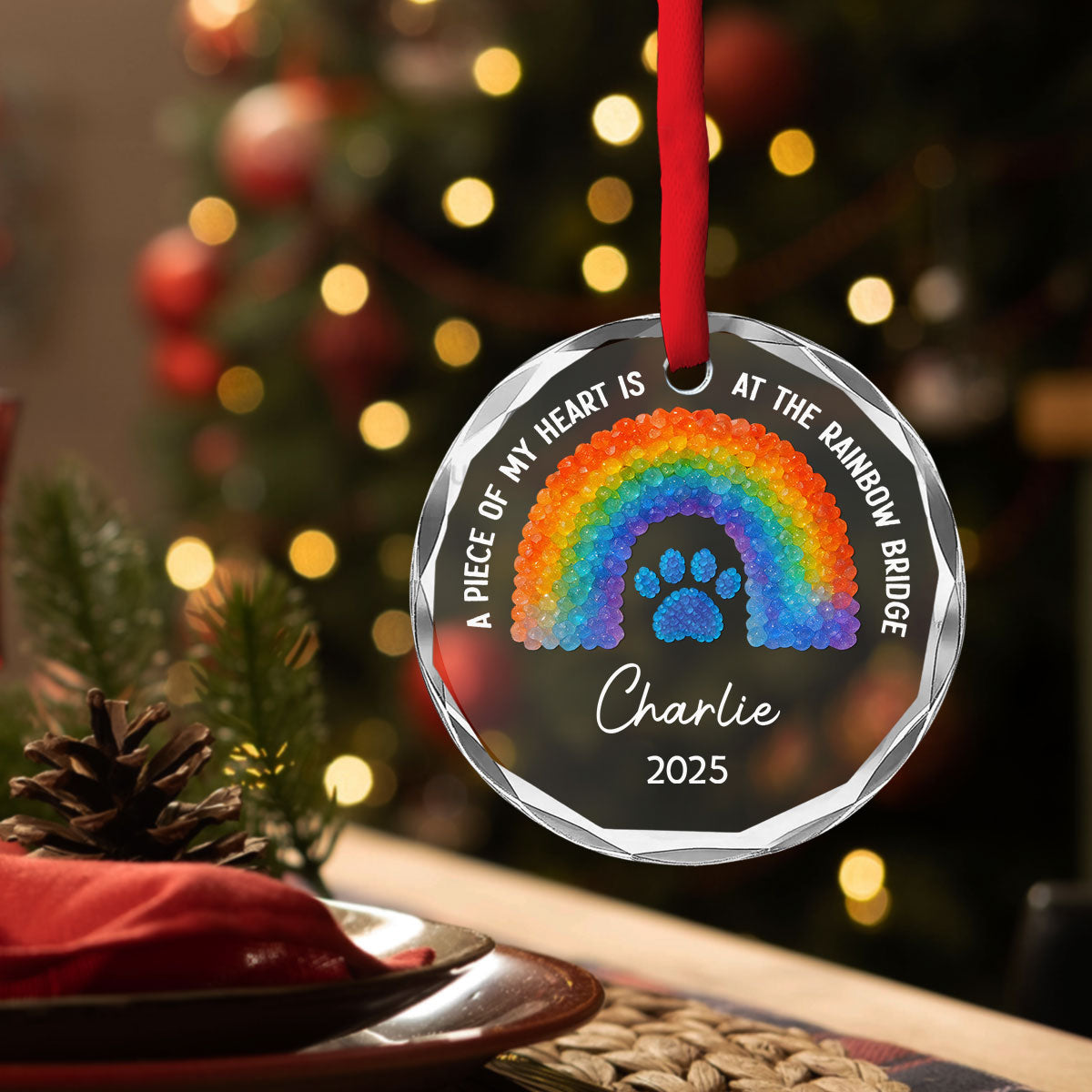 Custom Christmas Memorial Sympathy Gifts For Dogs, Cats • At Rainbow Bridge - Personalized Glass Ornament
