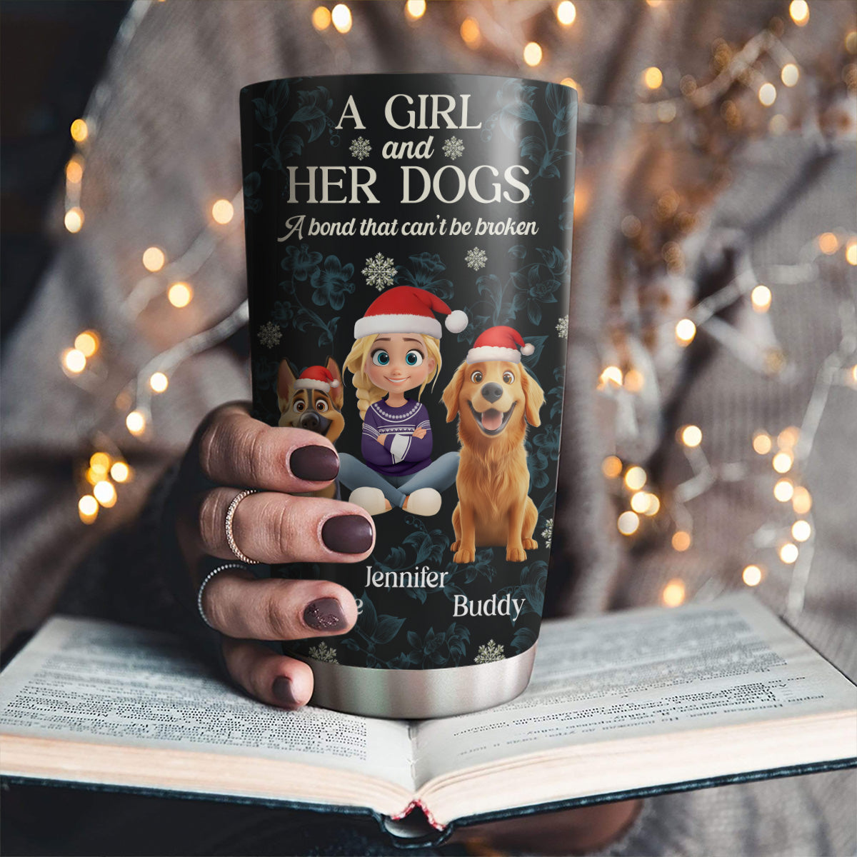 Custom Christmas Birthday Gifts For Dog Mom, Dog Lovers • Charming Christmas Girl And Dogs - Personalized Tumbler