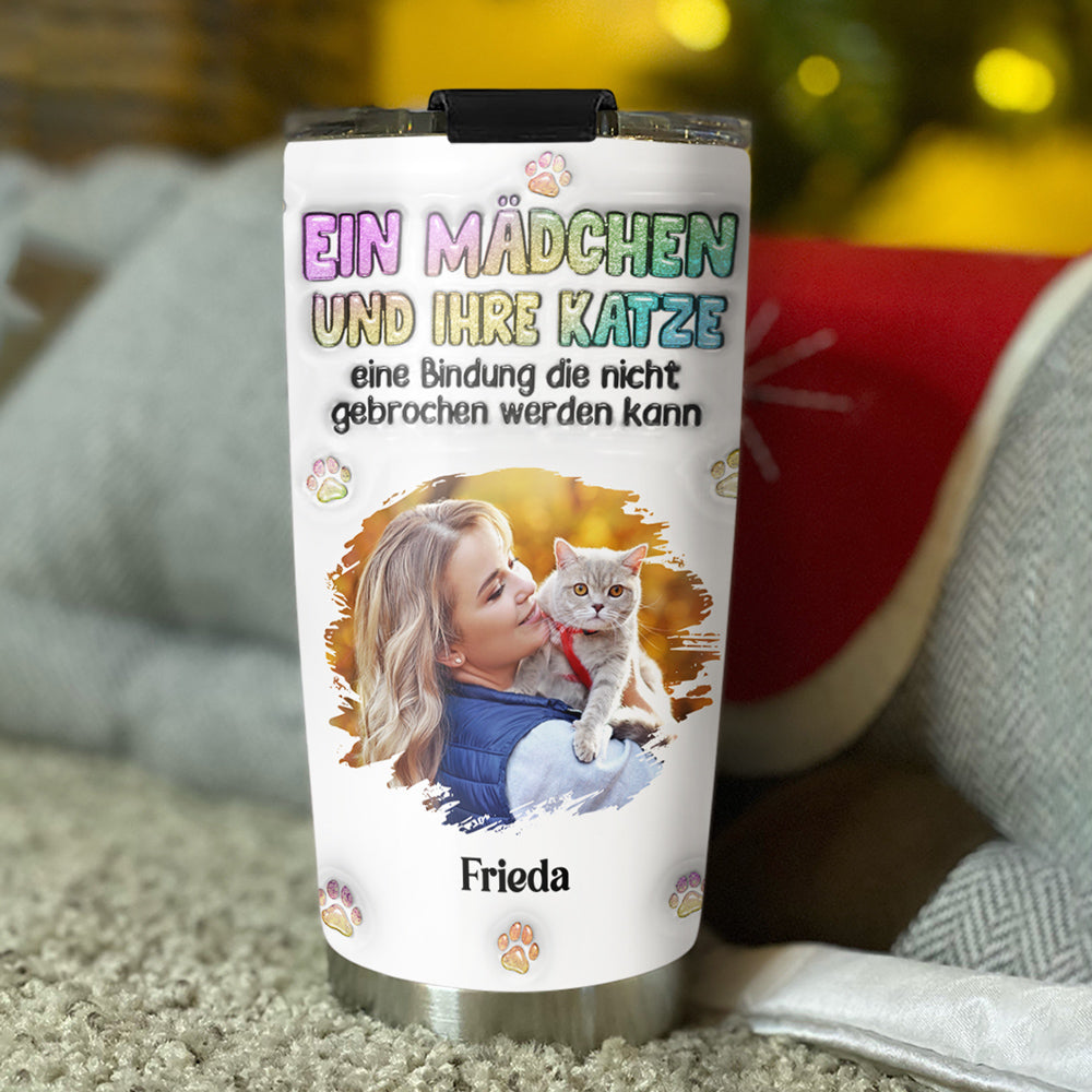 Custom Photo Christmas Birthday Gifts For Cat Mom, Cat Lovers • Foto von einem Mädchen und ihrer Katze – Personalisierter 3D-Thermobecher mit aufblasbarem Effekt