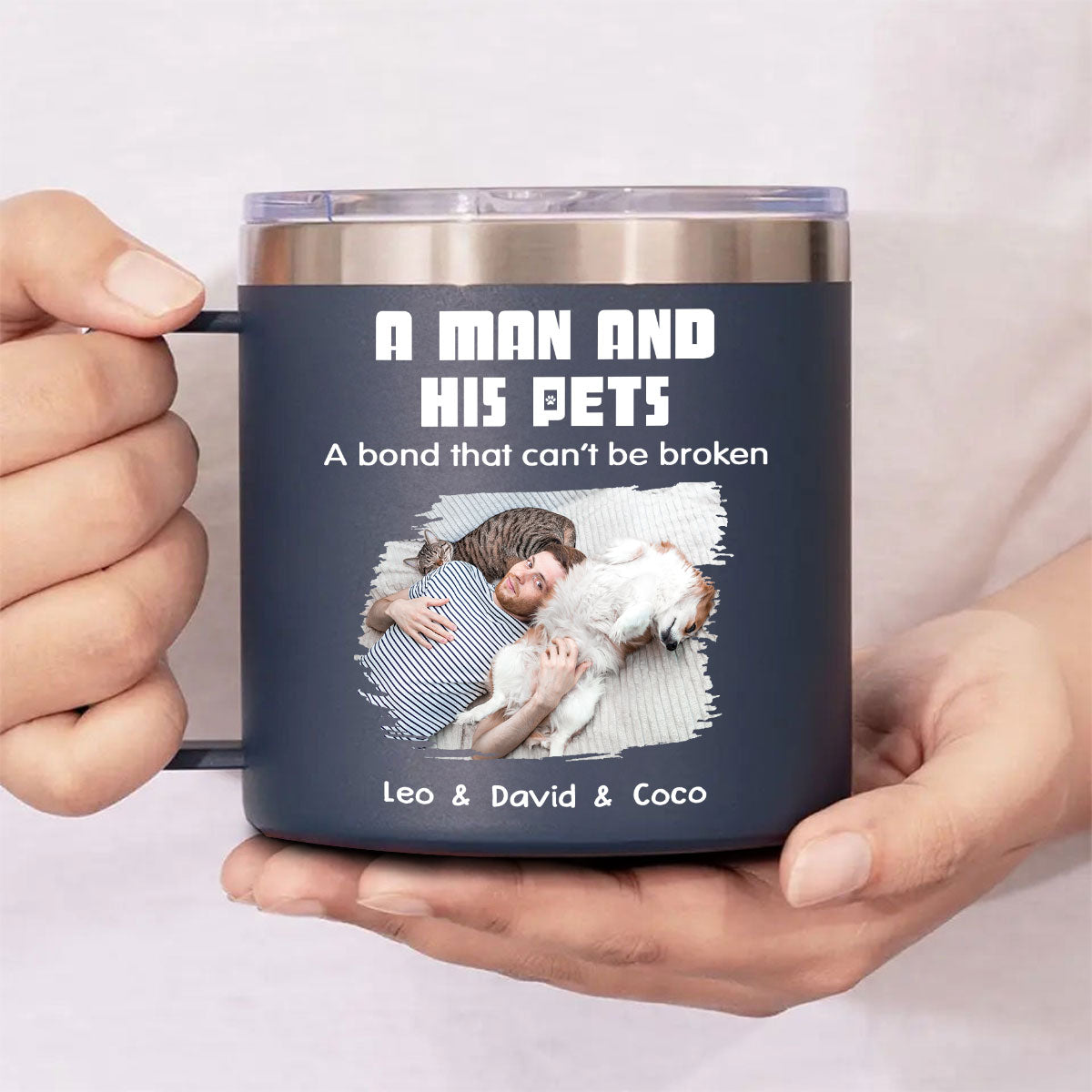 Custom Photo Father's day Birthday Gifts For Pet Dad, Pet Lovers • Best Dad Ever Pet Ver Photo - Personalized 14oz Stainless Steel Tumbler With Handle