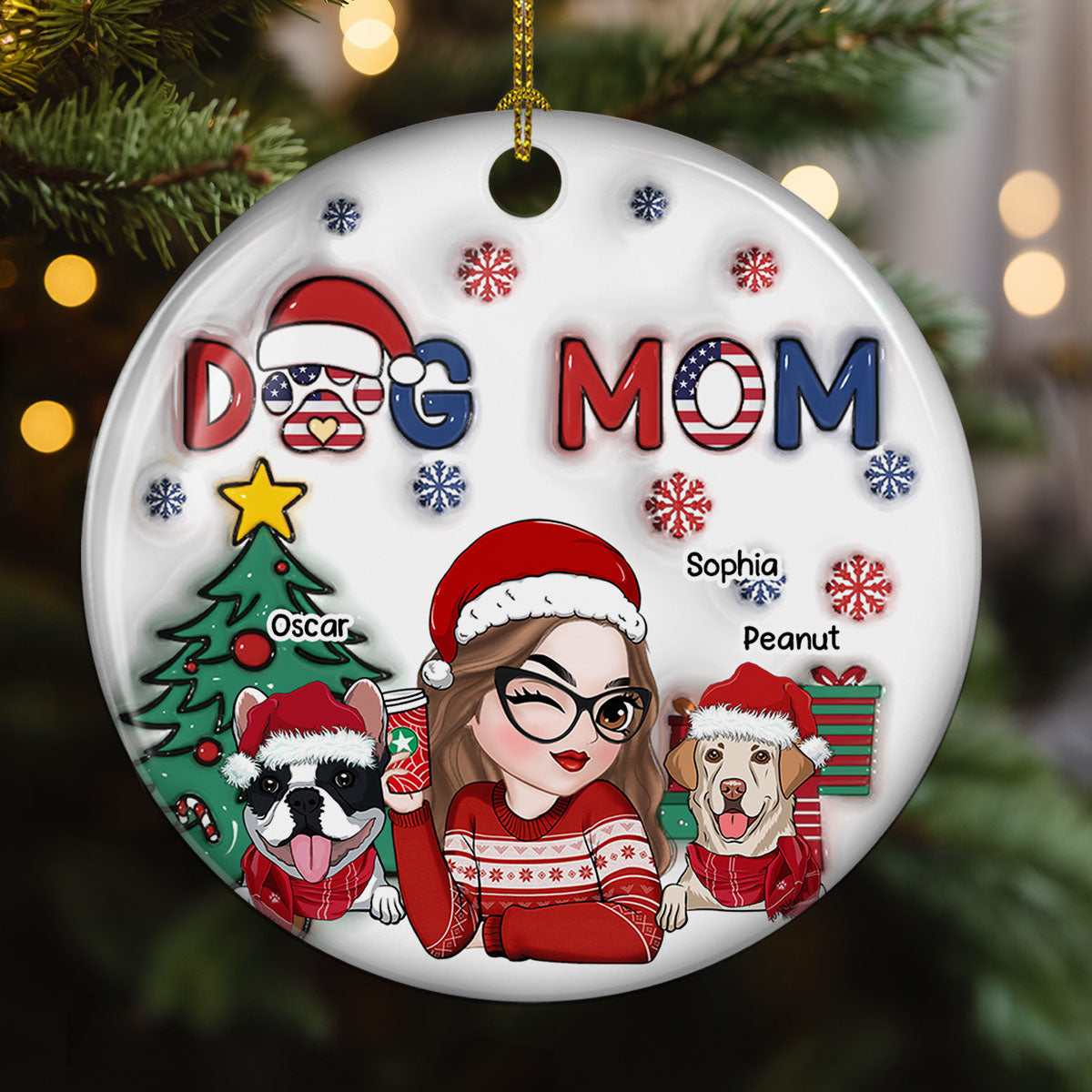 Custom Christmas Decor Home Birthday Gifts For Dog Mom, Dog Lovers • American Dog Mom Christmas - Personalized 3D Inflated Effect Ceramic Ornament